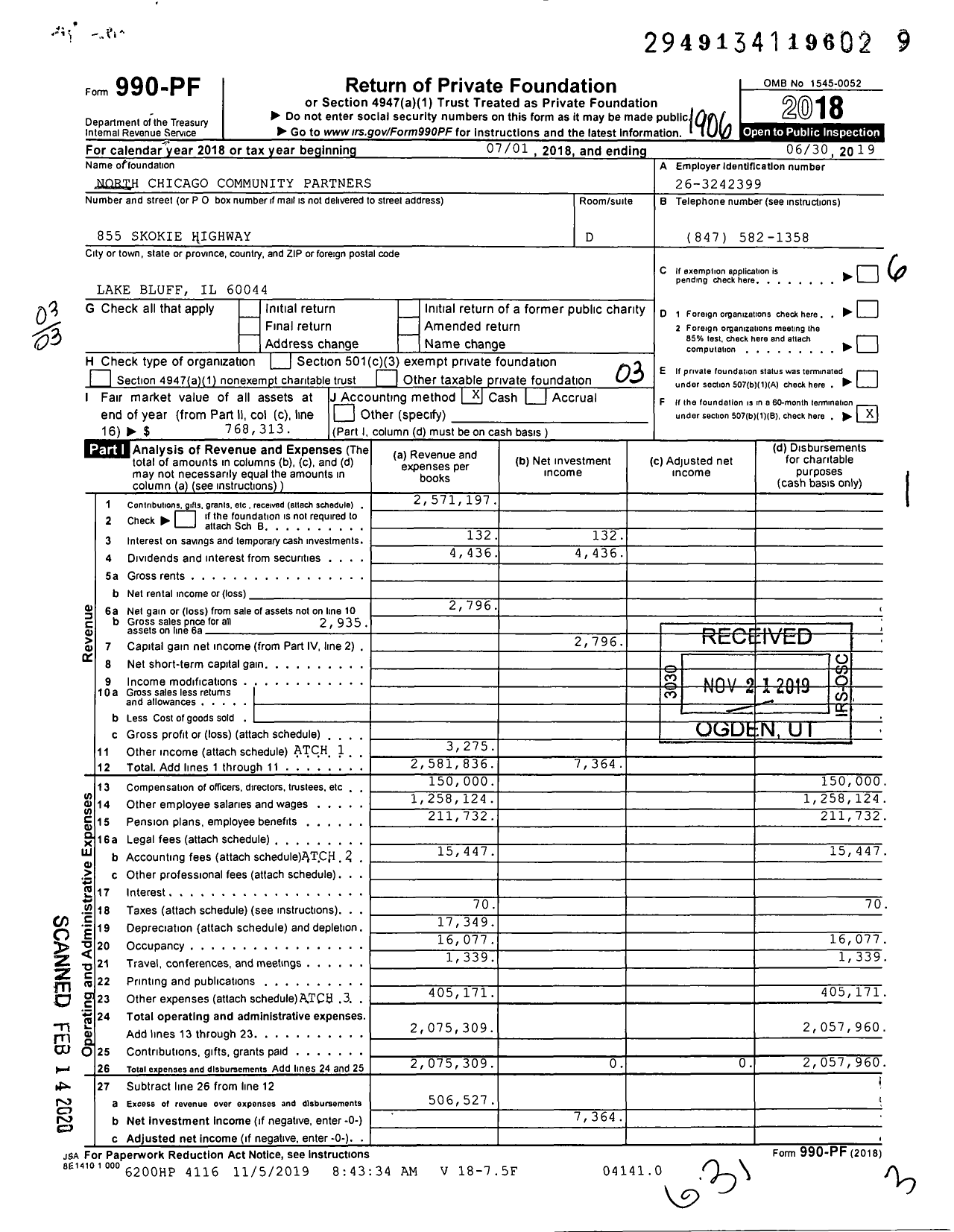 Image of first page of 2018 Form 990PF for North Chicago Community Partners