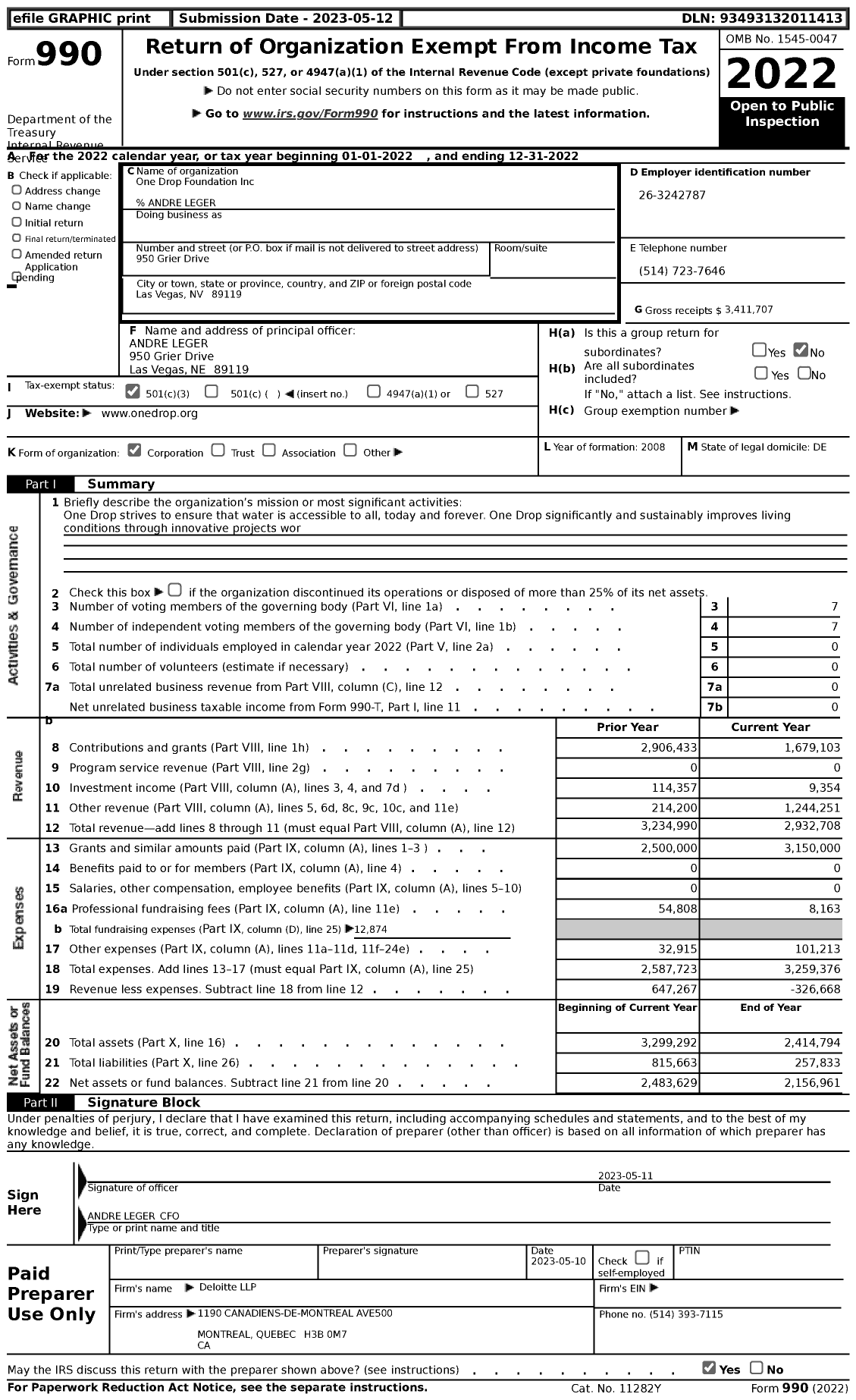 Image of first page of 2022 Form 990 for One Drop Foundation