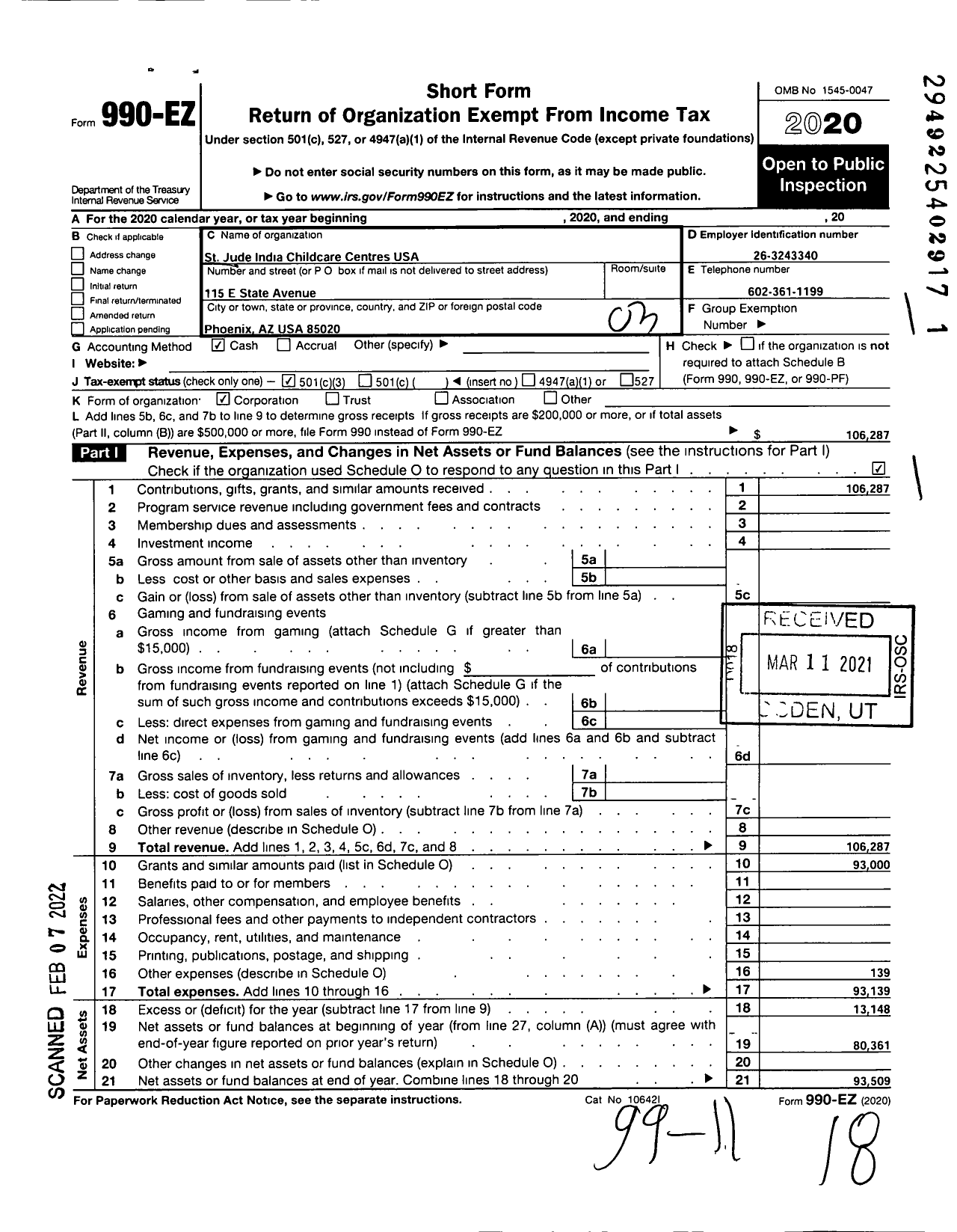 Image of first page of 2020 Form 990EZ for St Jude India Childcare Centres USA