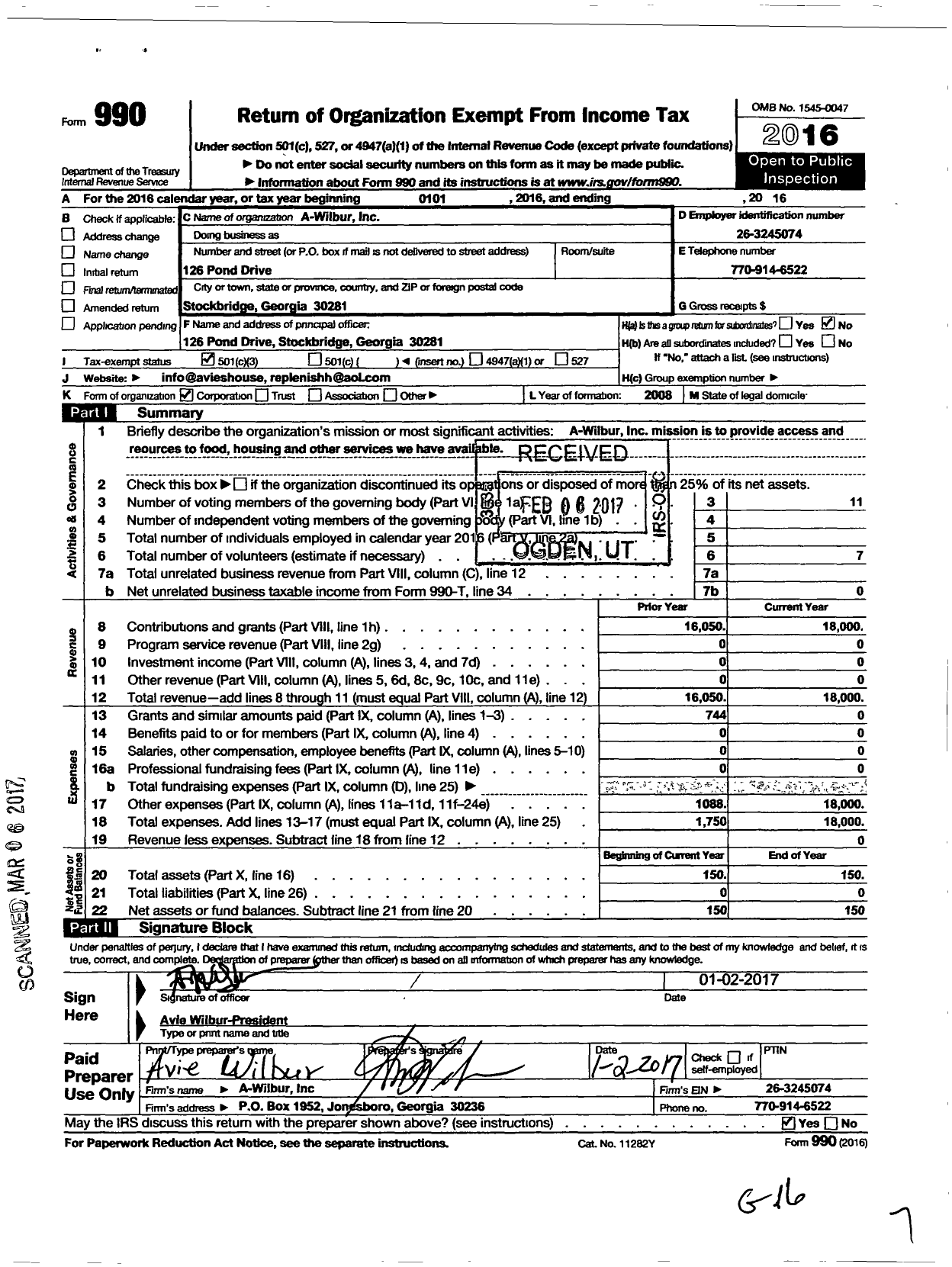 Image of first page of 2016 Form 990 for A-Wilbur