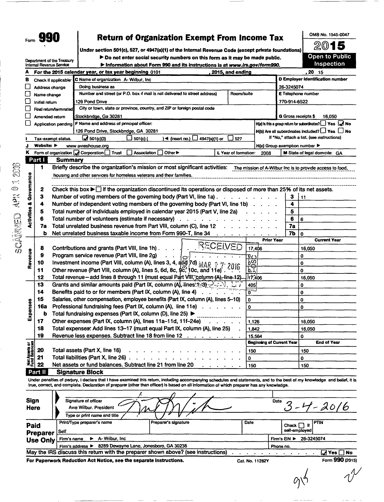 Image of first page of 2015 Form 990 for A-Wilbur