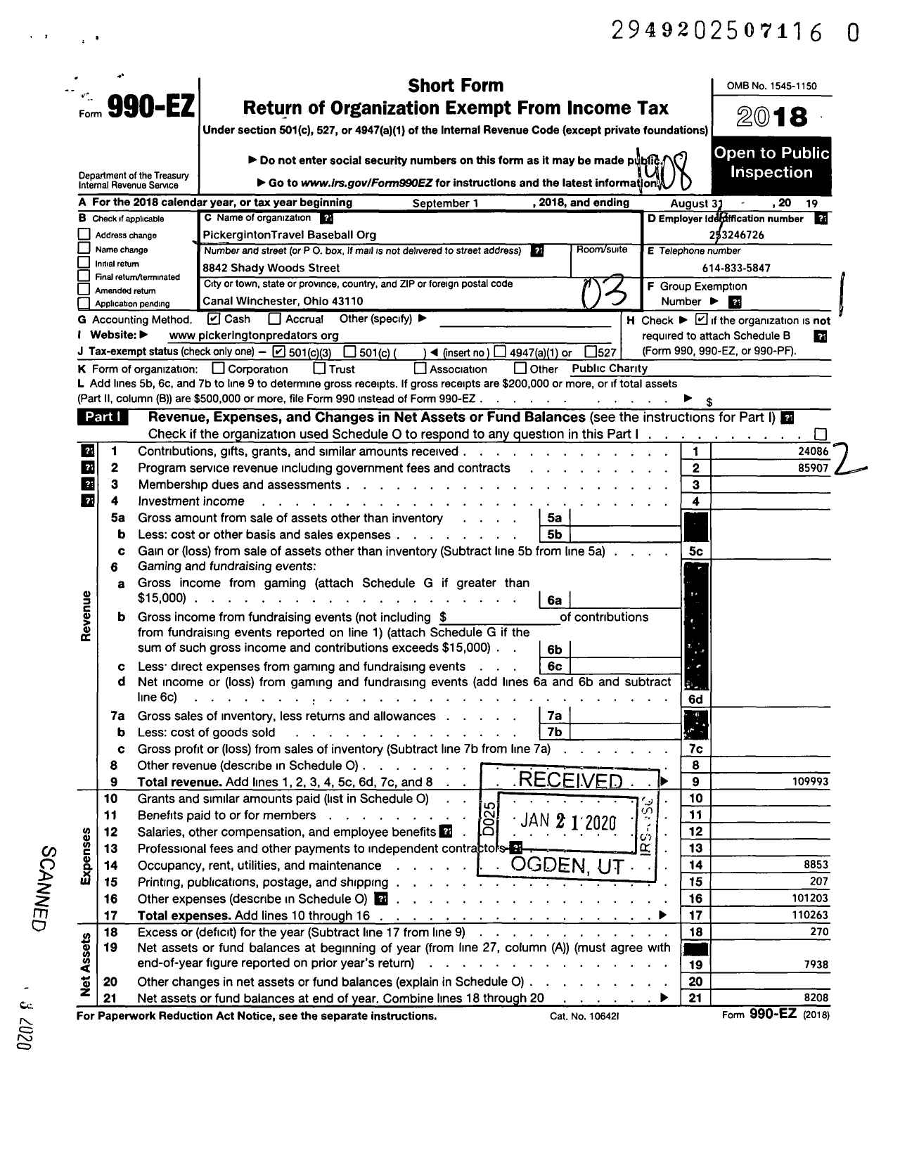 Image of first page of 2018 Form 990EZ for Pickerington Travel Baseball Organization