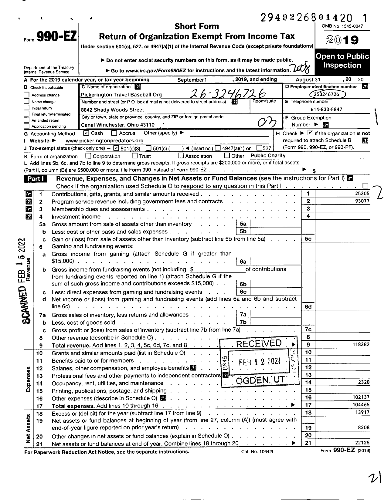 Image of first page of 2019 Form 990EZ for Pickerington Travel Baseball Organization