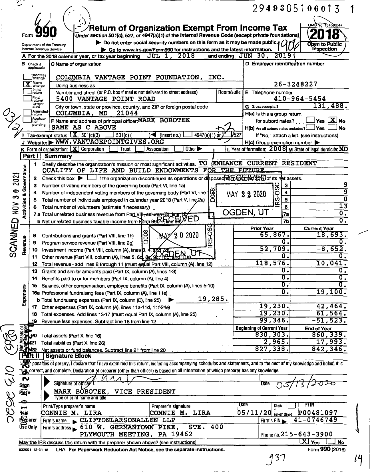 Image of first page of 2018 Form 990 for Columbia Vantage Point Foundation