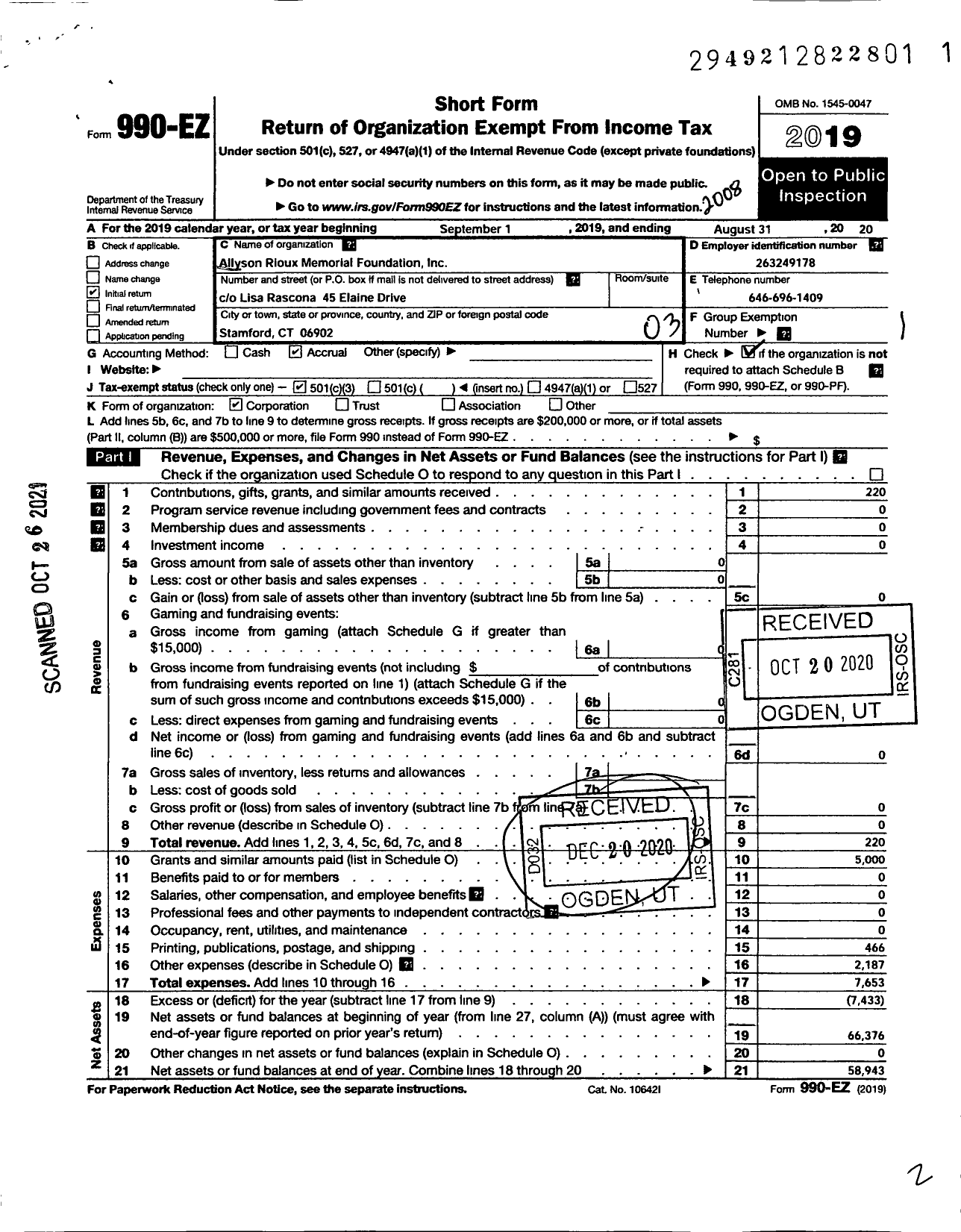 Image of first page of 2019 Form 990EZ for Allyson Rioux Memorial Foundation