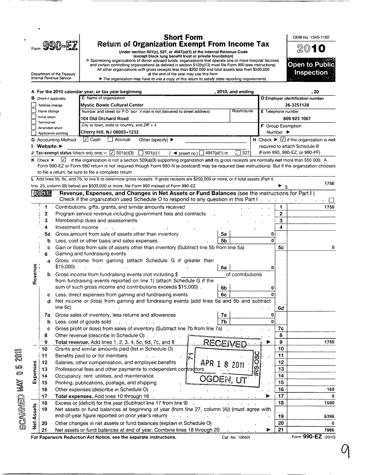 Image of first page of 2010 Form 990EZ for Mystic Bowie Cultural Center