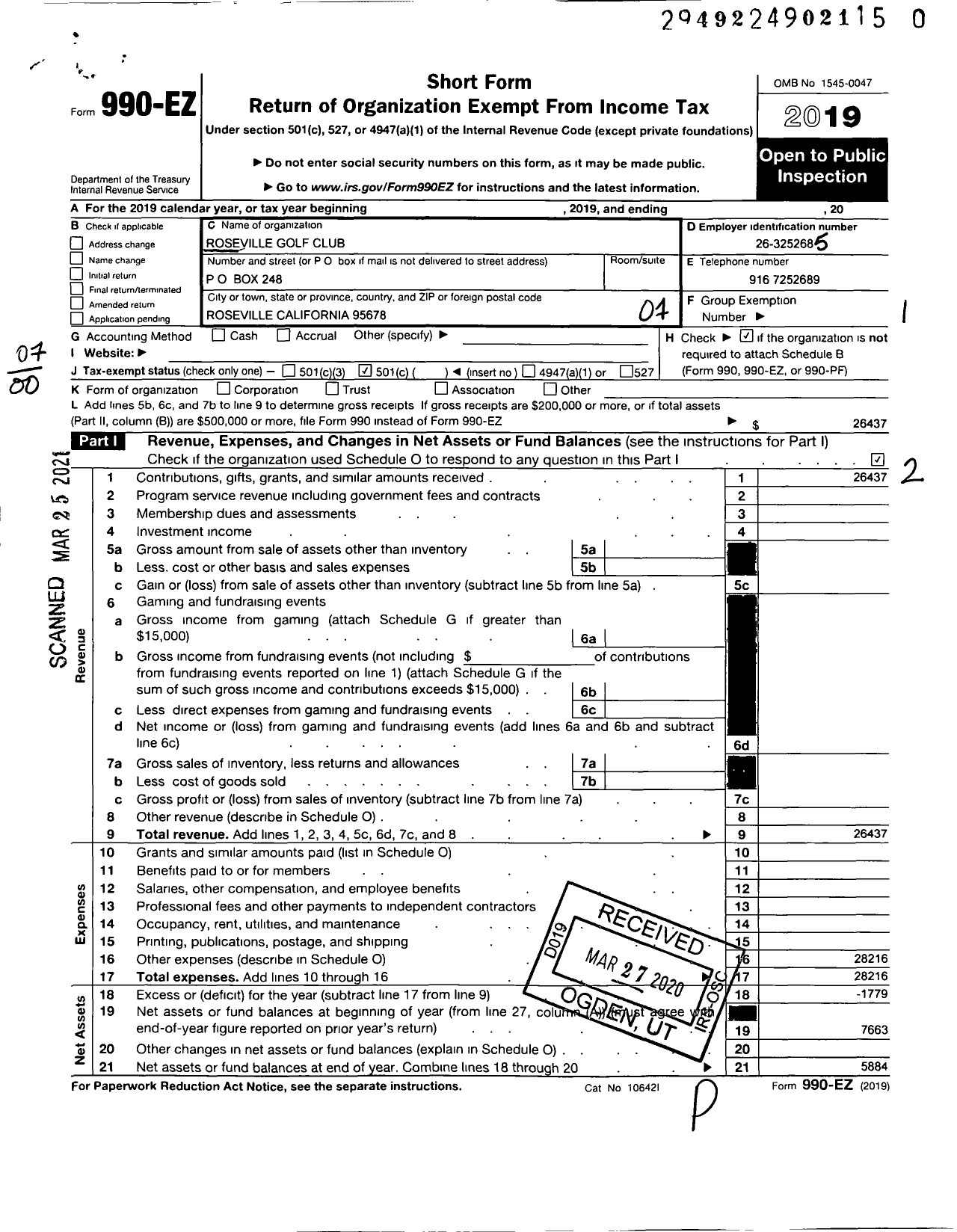 Image of first page of 2019 Form 990EO for Roseville Golf Club