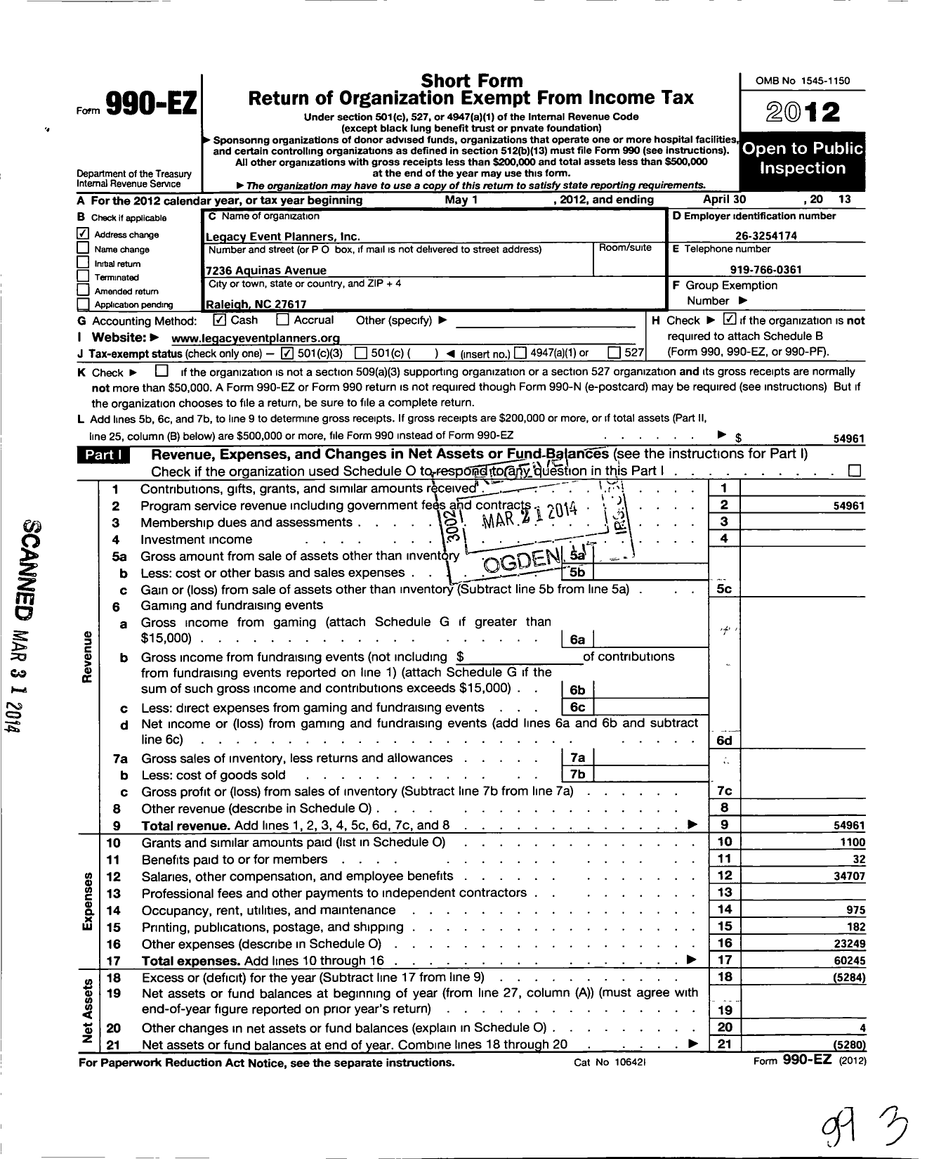 Image of first page of 2012 Form 990EZ for Legacy Impacts