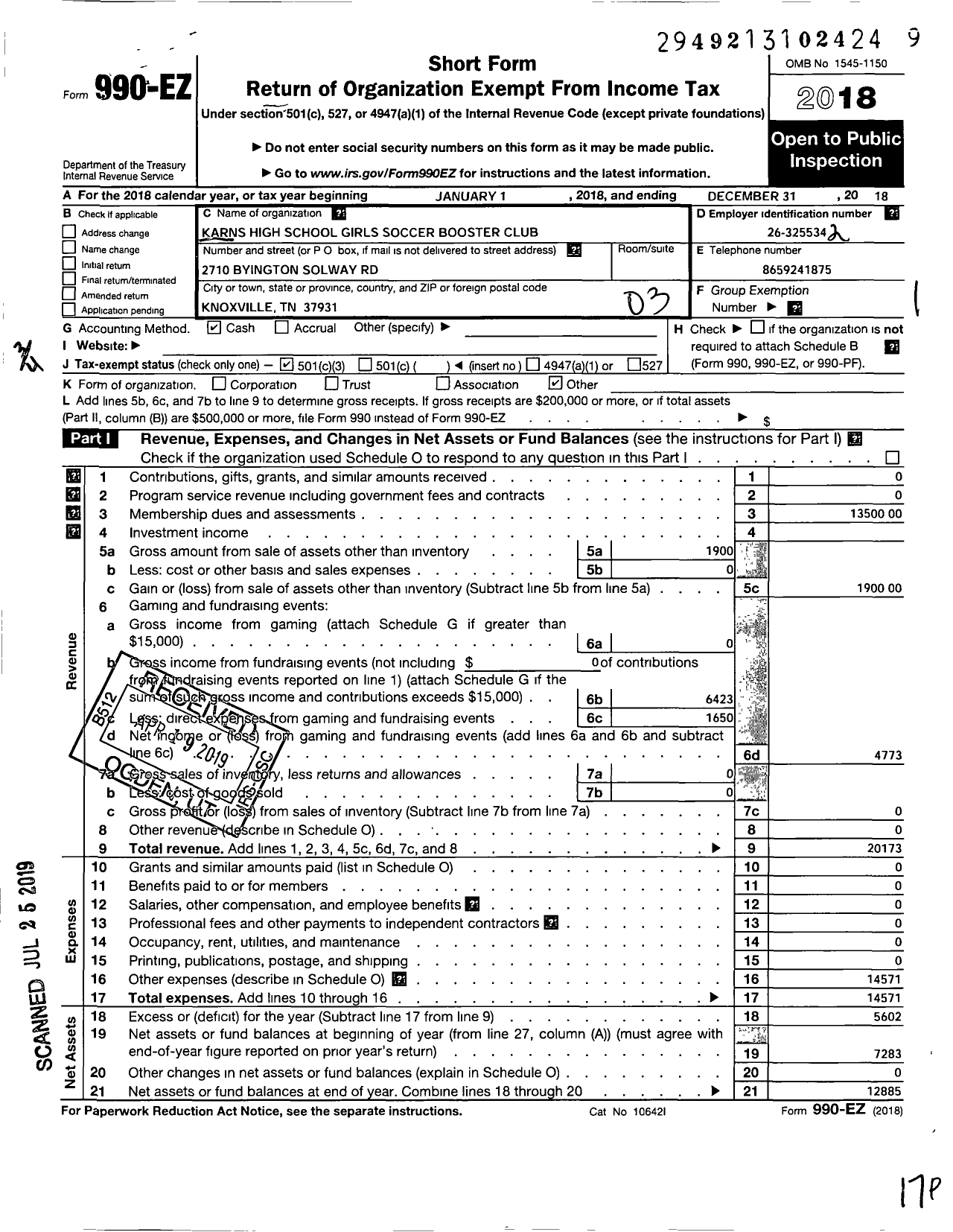 Image of first page of 2018 Form 990EZ for Karns High School Girls Soccer Booster Club