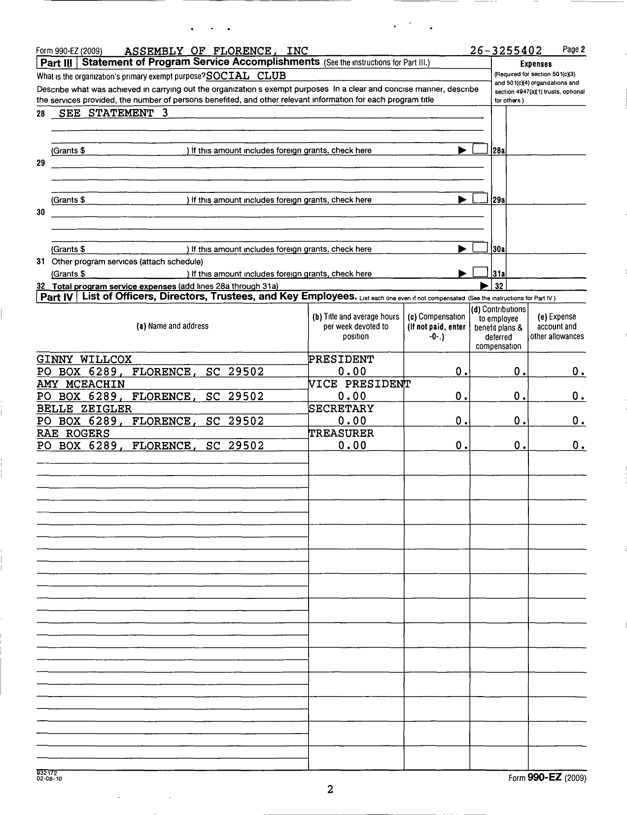 Image of first page of 2009 Form 990EO for Assembly of Florence