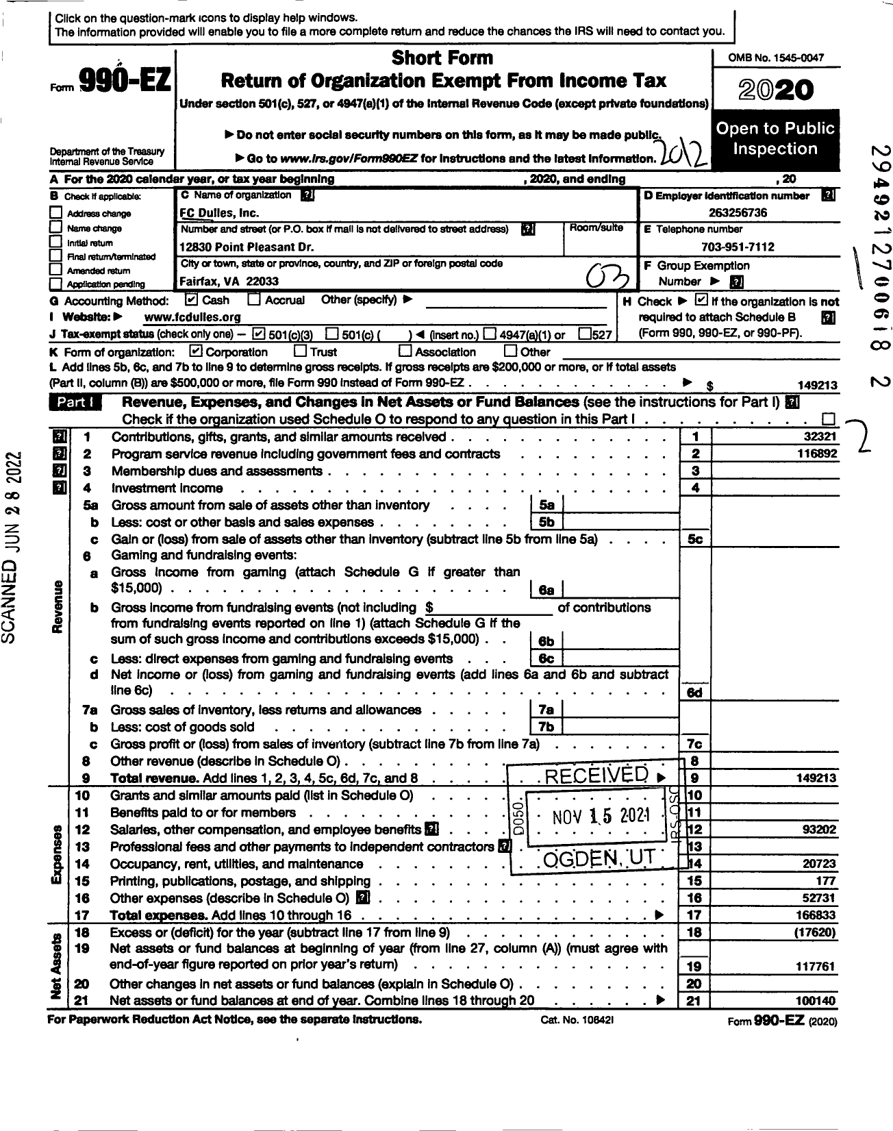 Image of first page of 2020 Form 990EZ for FC Dulles