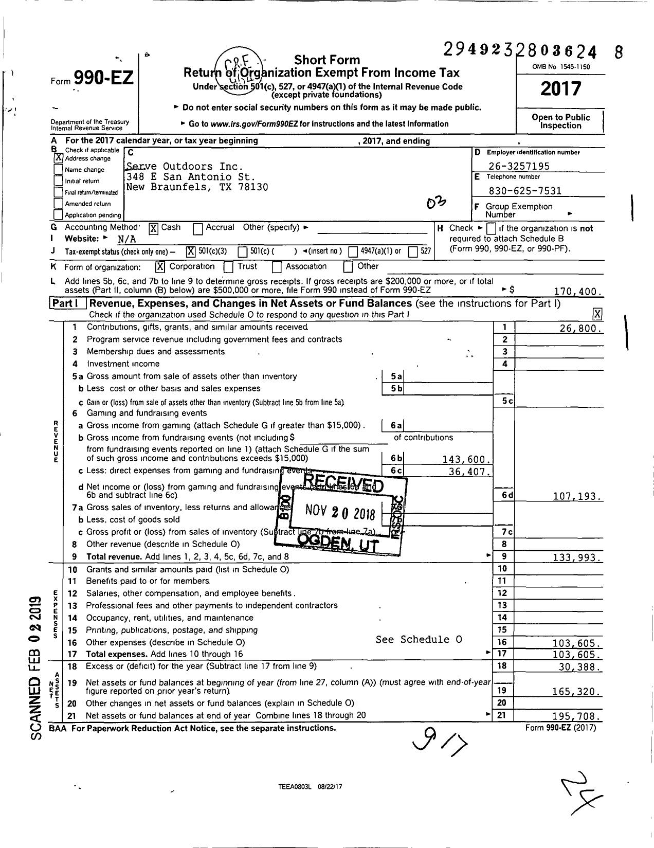 Image of first page of 2017 Form 990EZ for Serve Outdoors Inc MO