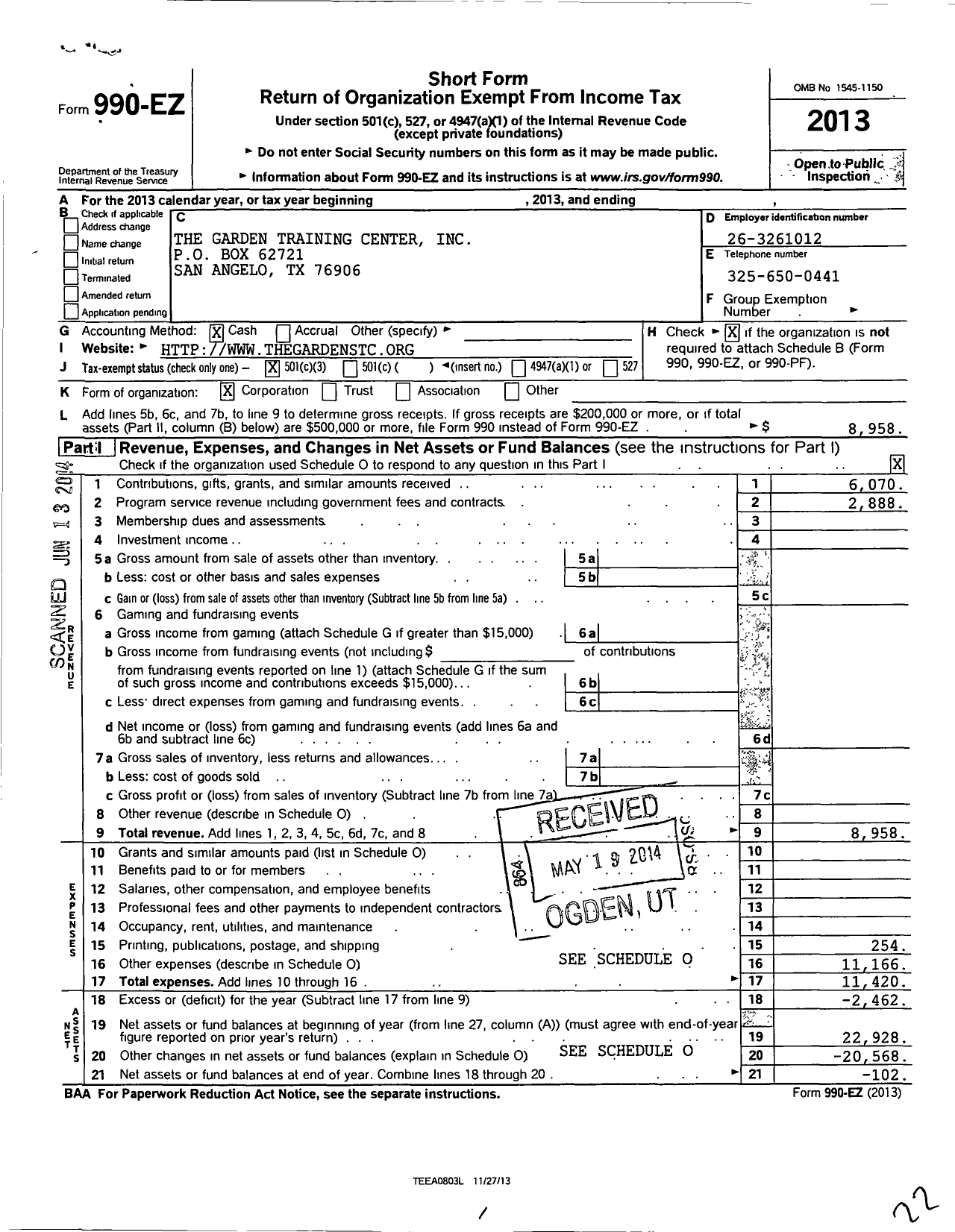 Image of first page of 2013 Form 990EZ for Garden Training Center