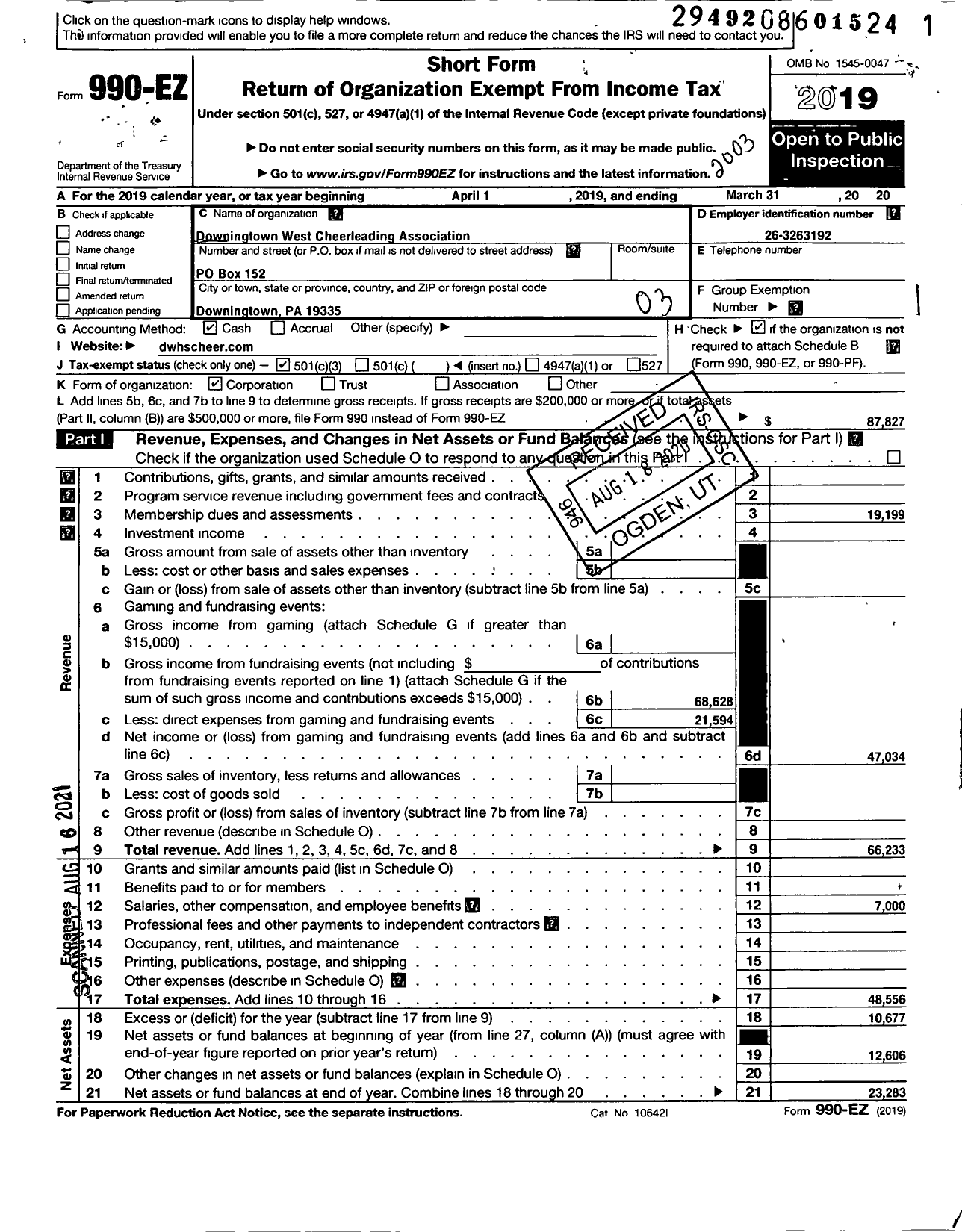 Image of first page of 2019 Form 990EZ for Downingtown West Cheerleading Association