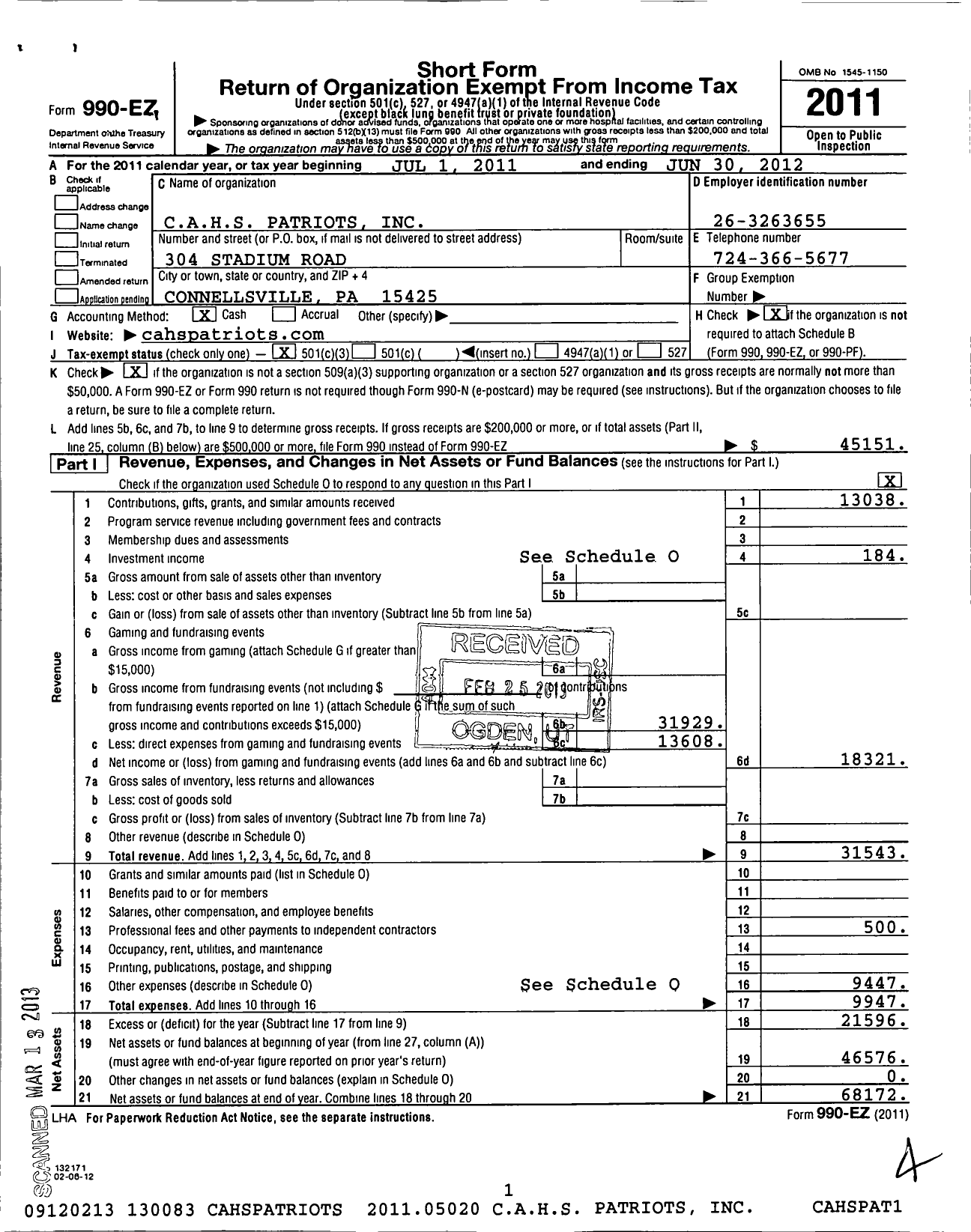 Image of first page of 2011 Form 990EZ for Cahs Patriots