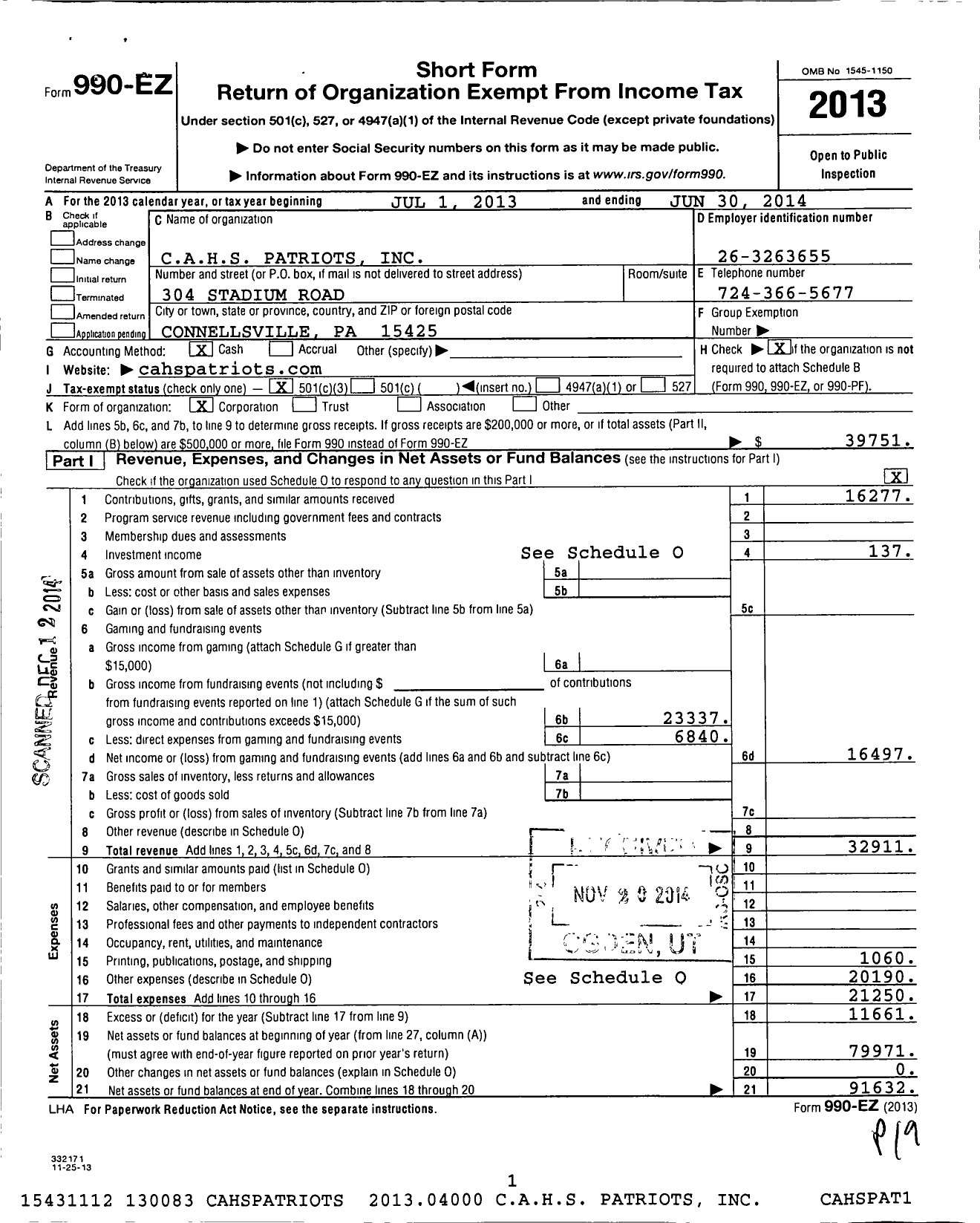 Image of first page of 2013 Form 990EZ for Cahs Patriots