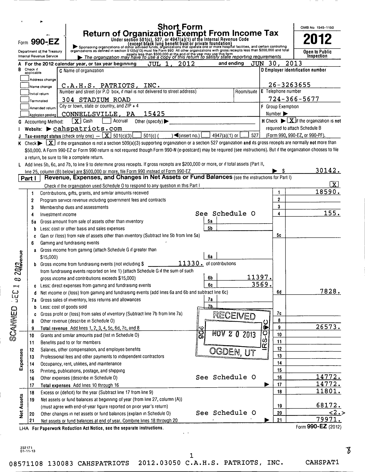 Image of first page of 2012 Form 990EZ for Cahs Patriots