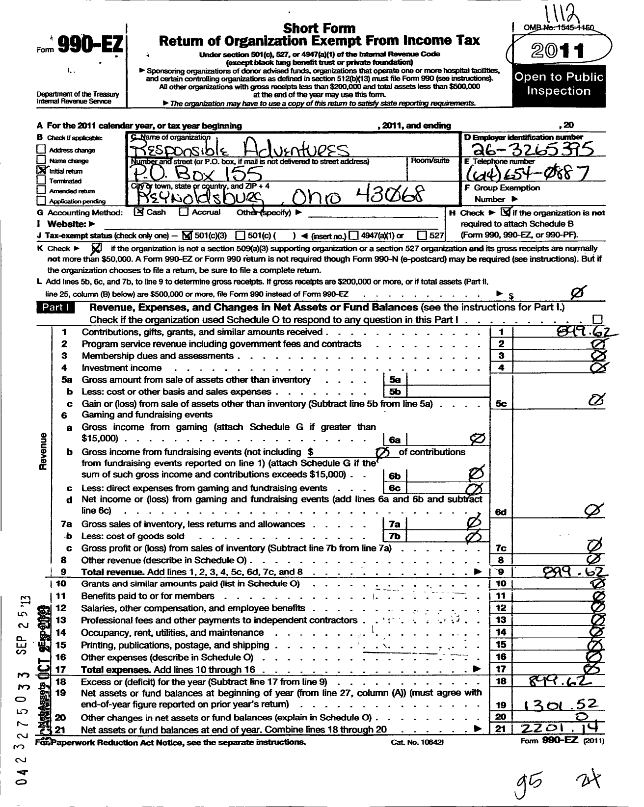 Image of first page of 2011 Form 990EZ for Responsible Adventures