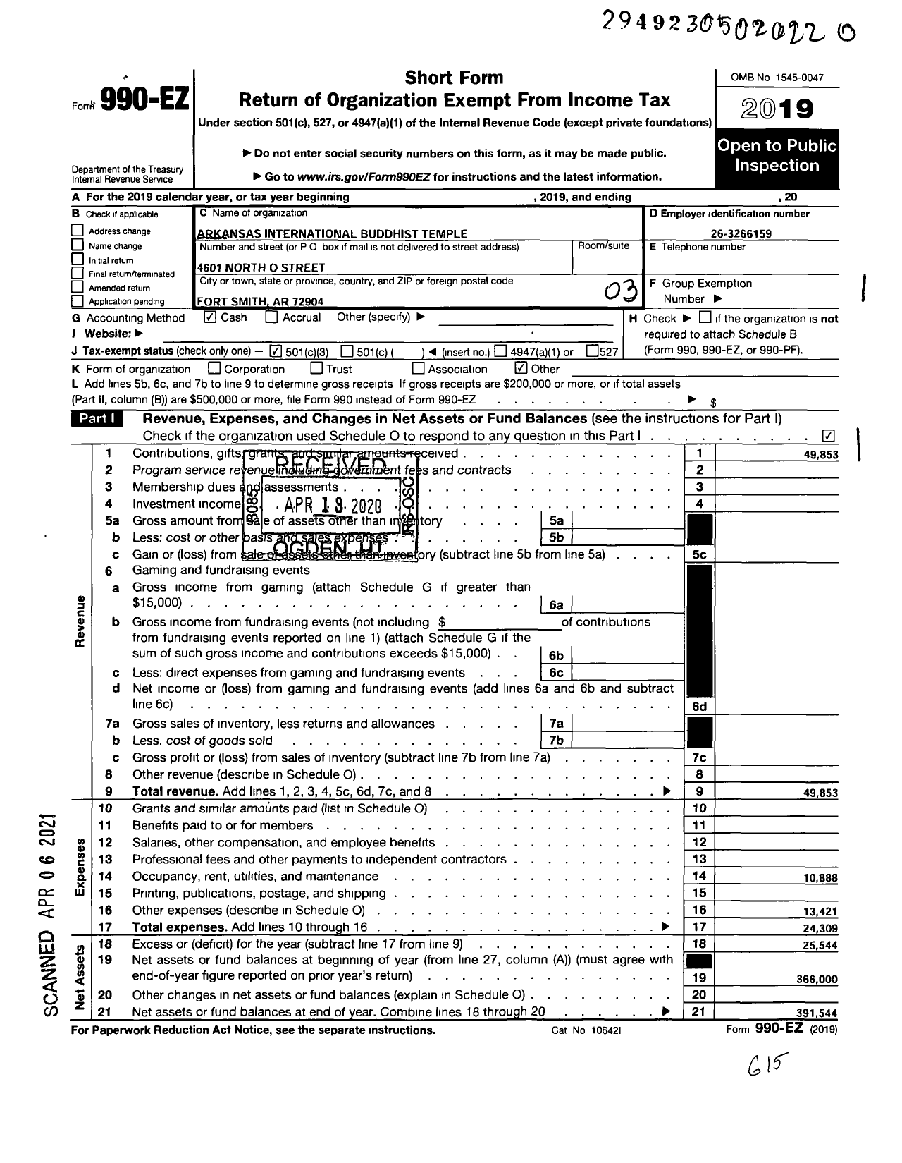 Image of first page of 2019 Form 990EZ for Arkansas International Buddhist Temple