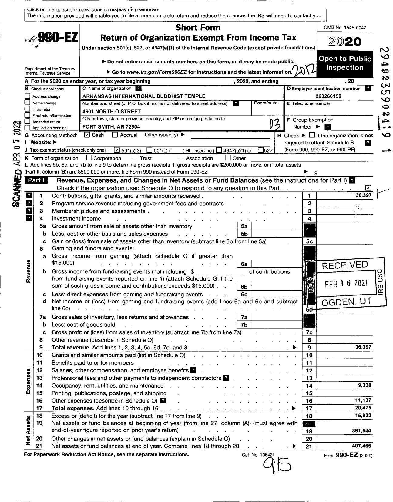 Image of first page of 2020 Form 990EZ for Arkansas International Buddhist Temple