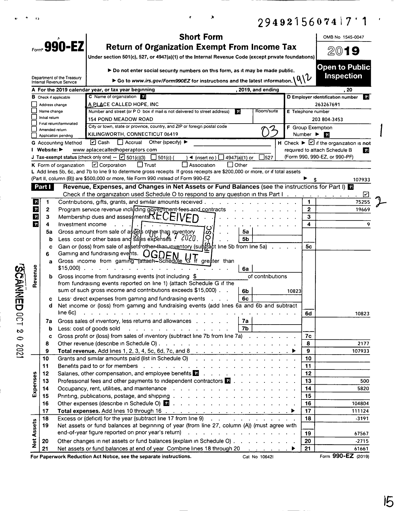 Image of first page of 2019 Form 990EZ for A Place Called Hope