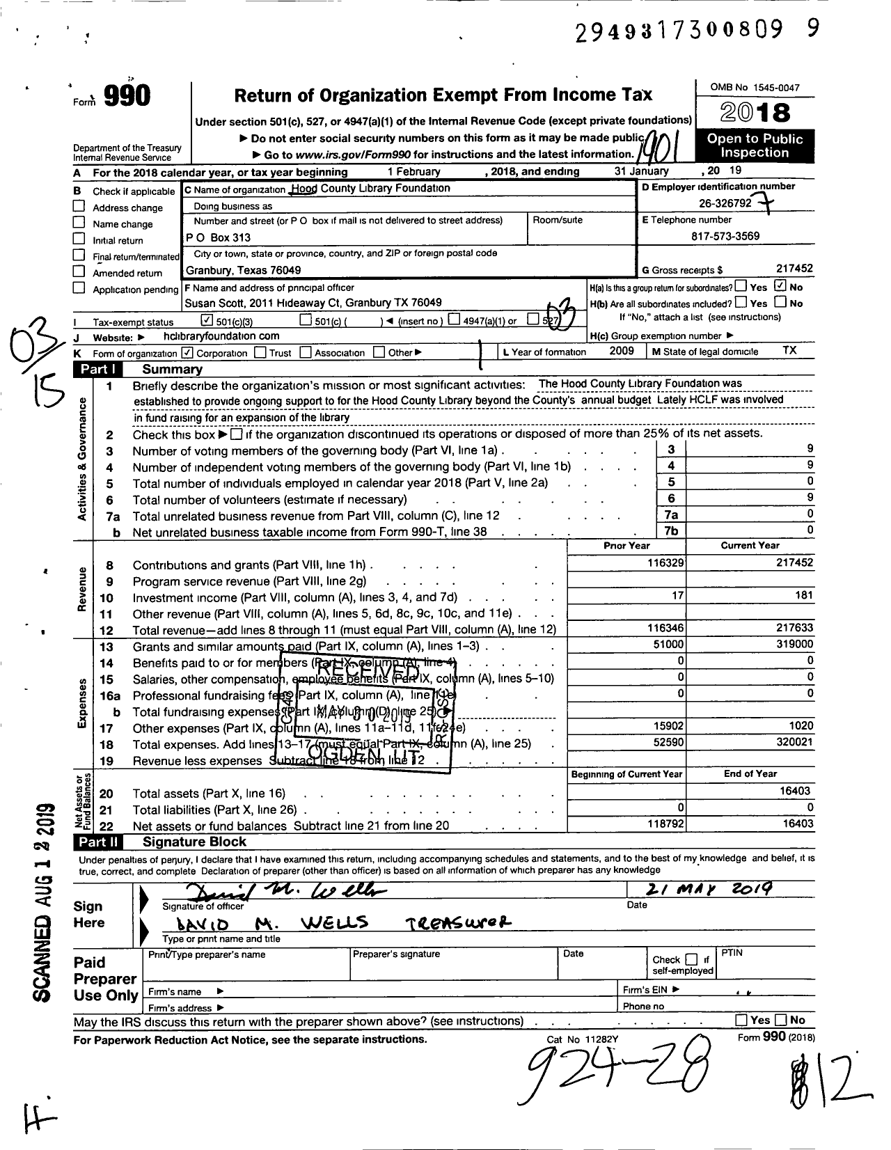 Image of first page of 2018 Form 990 for Hood County Library Foundation