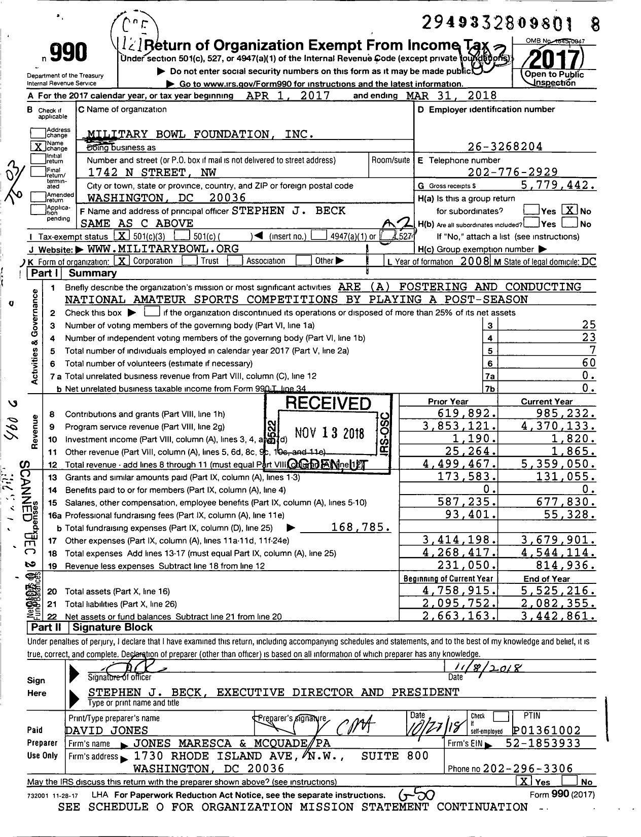 Image of first page of 2017 Form 990 for Military Bowl Foundation