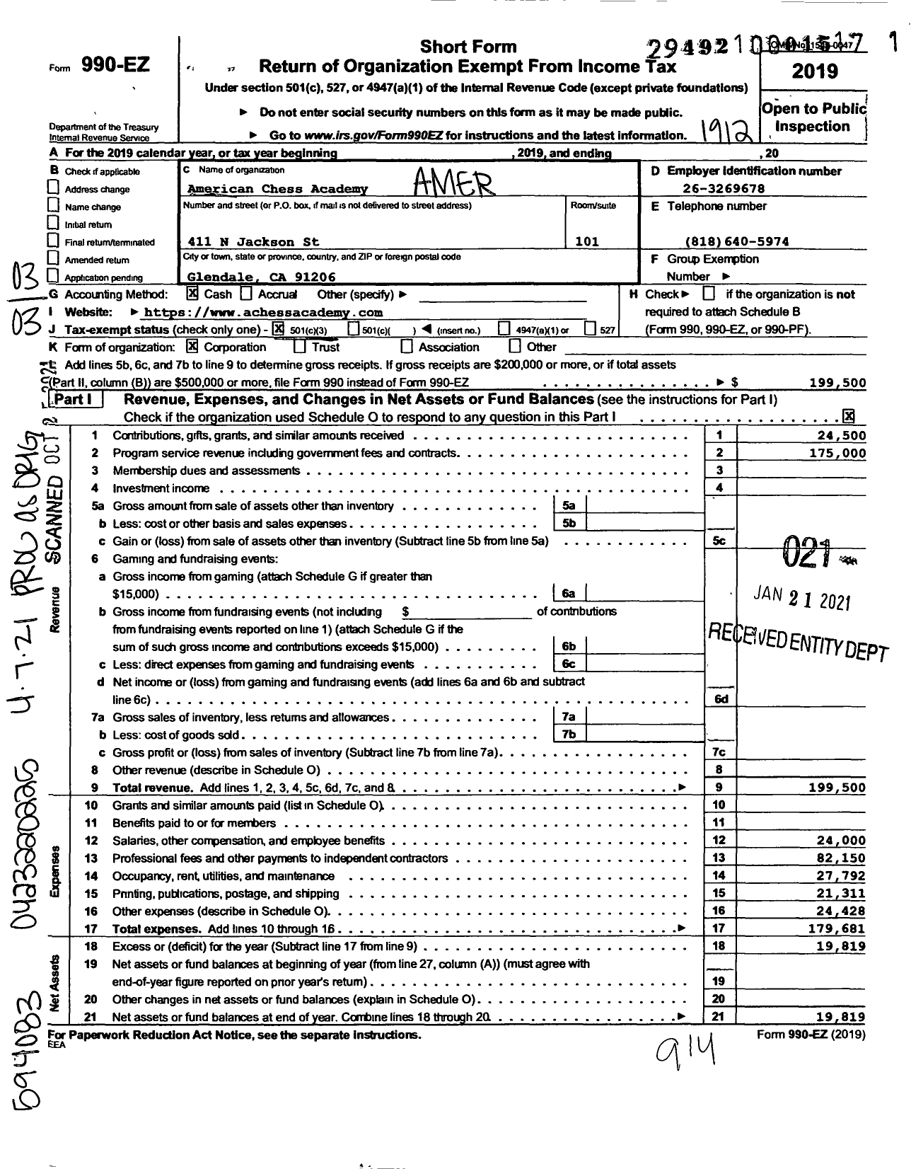 Image of first page of 2019 Form 990EZ for American Chess Academy