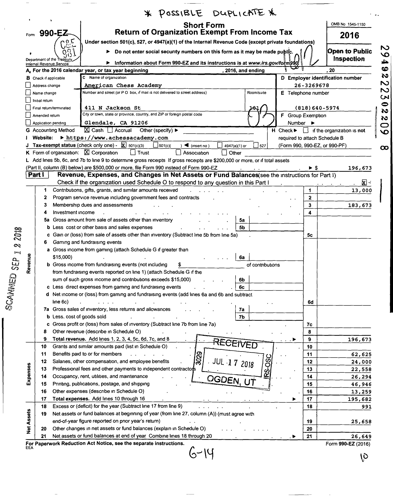 Image of first page of 2016 Form 990EZ for American Chess Academy