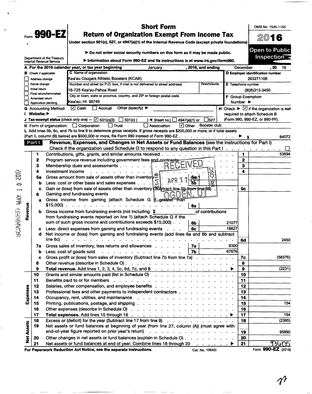 Image of first page of 2016 Form 990EZ for Kea Au Cougars Athletic Boosters (KCAB)