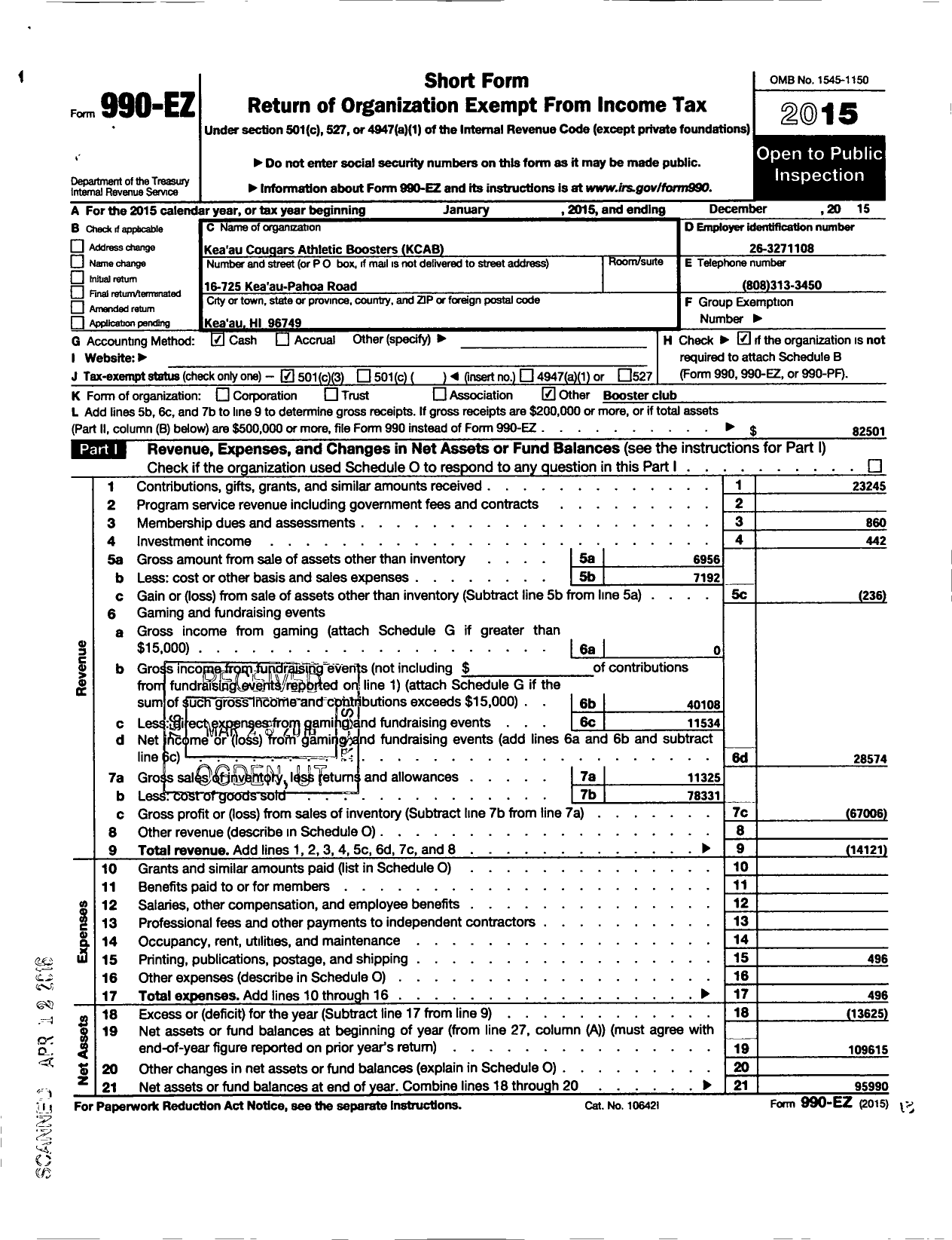 Image of first page of 2015 Form 990EZ for Kea Au Cougars Athletic Boosters (KCAB)