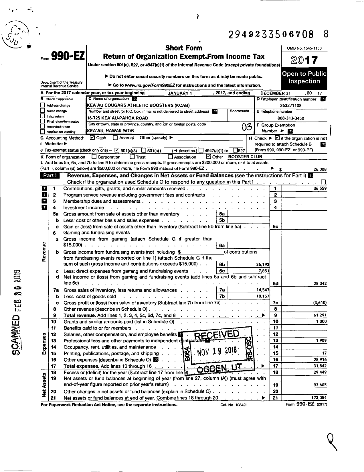 Image of first page of 2017 Form 990EZ for Kea Au Cougars Athletic Boosters (KCAB)