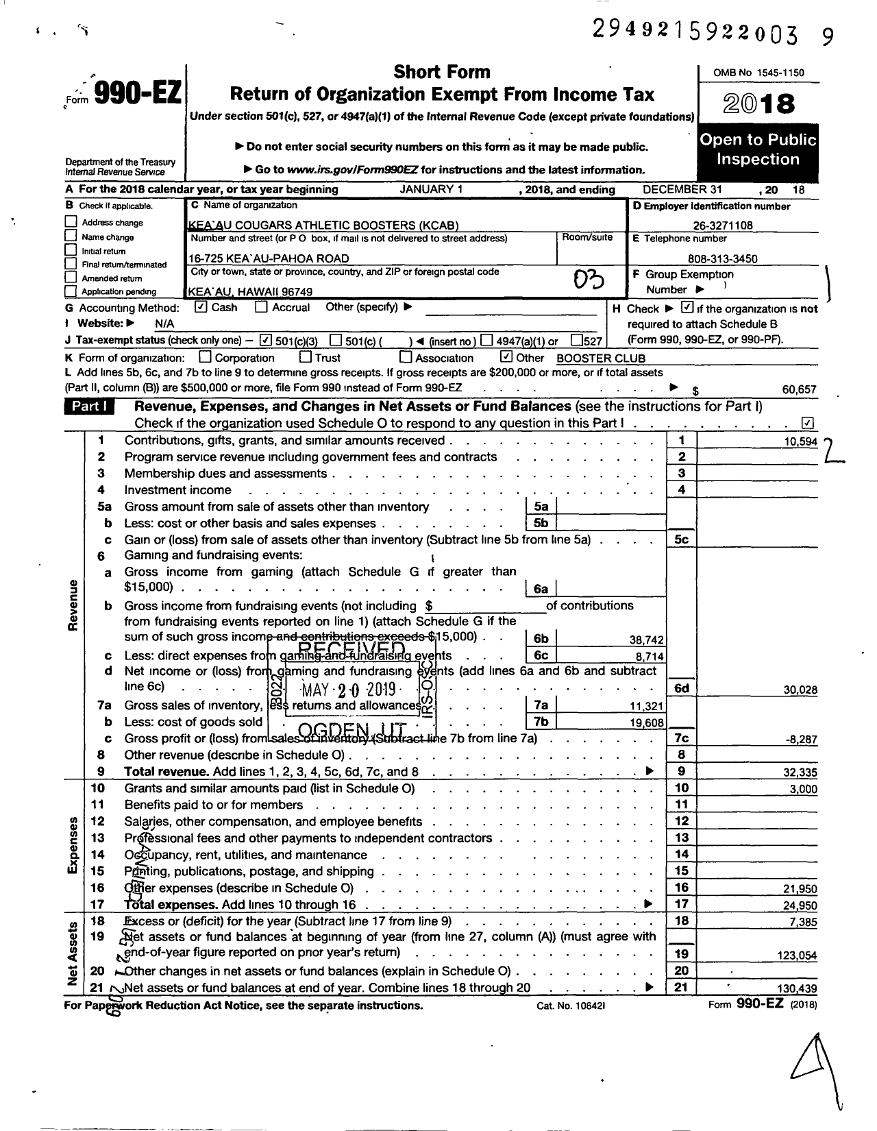 Image of first page of 2018 Form 990EZ for Kea Au Cougars Athletic Boosters (KCAB)