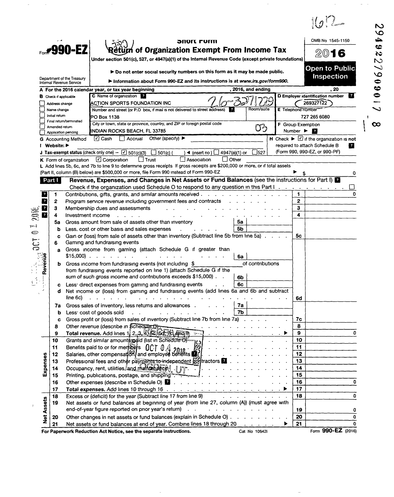 Image of first page of 2016 Form 990EZ for Action Sports Foundation