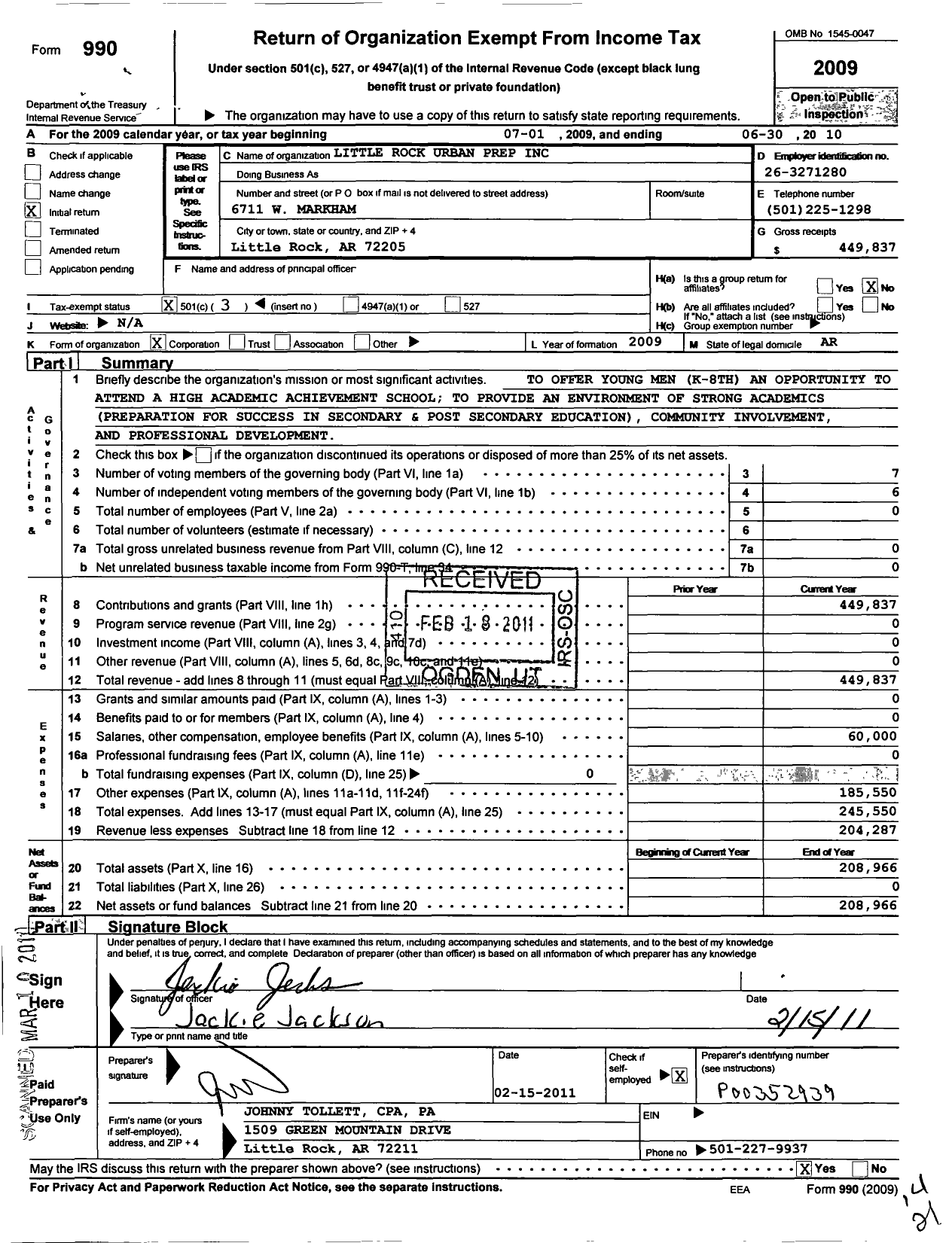 Image of first page of 2009 Form 990 for Little Rock Urban Prep