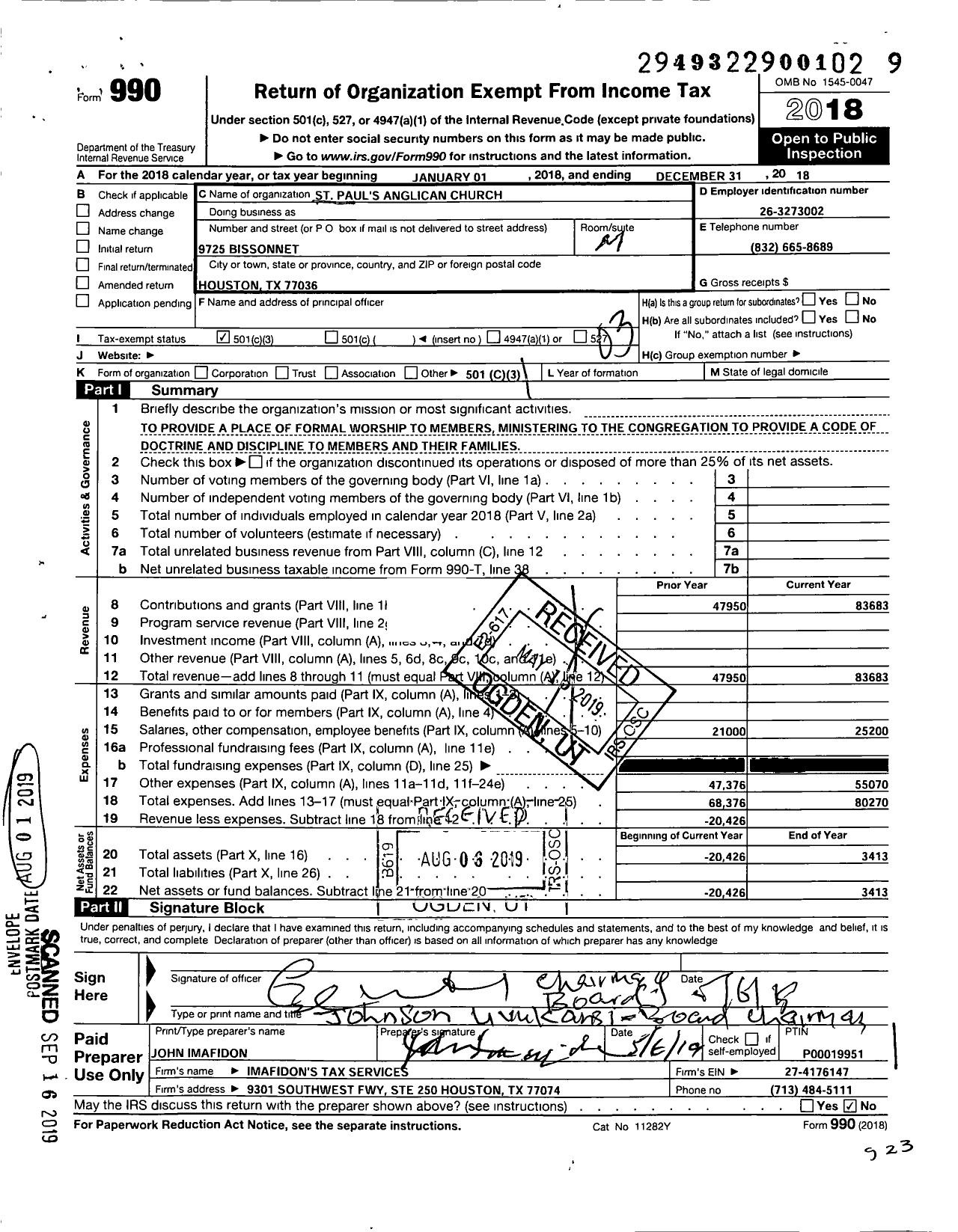 Image of first page of 2018 Form 990 for St Paul's Anglican Church