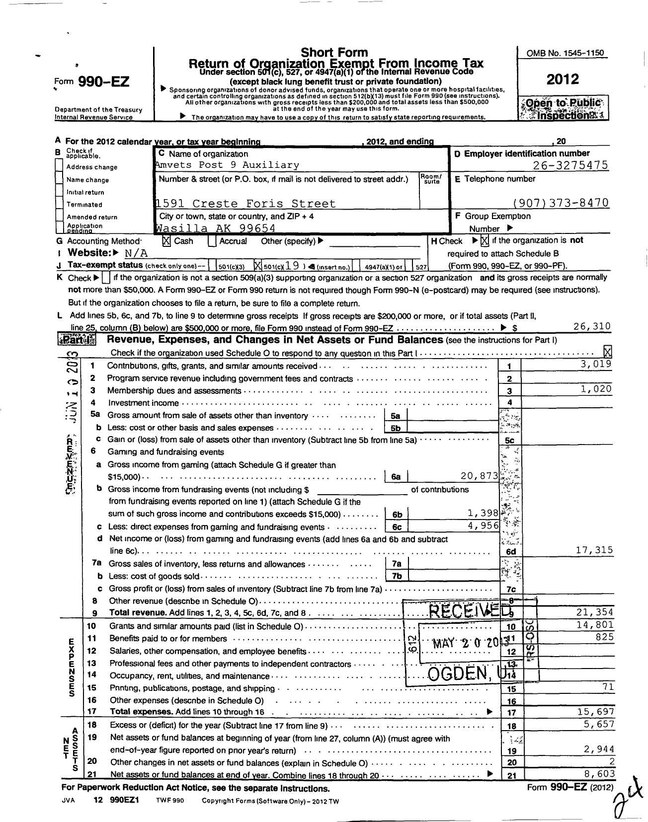 Image of first page of 2012 Form 990EO for Amvets - 9