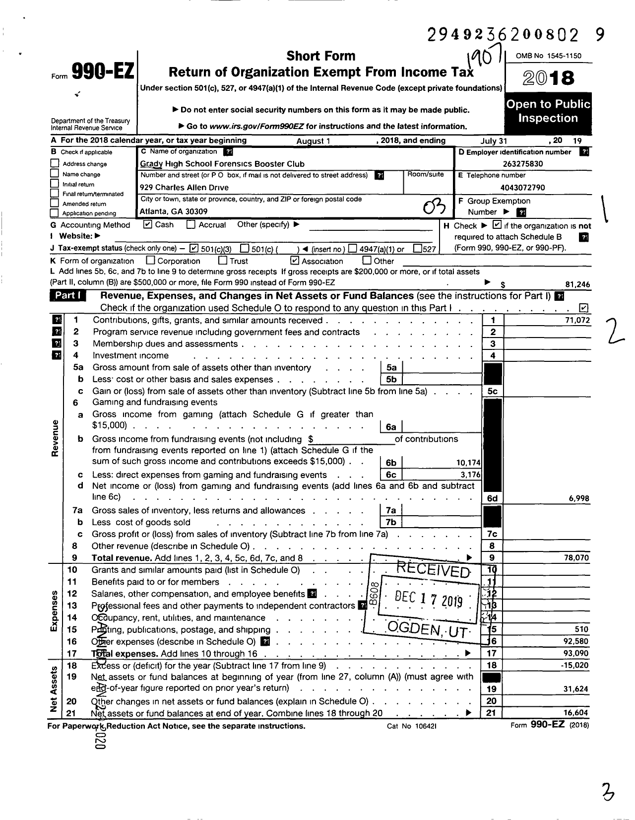 Image of first page of 2018 Form 990EZ for Midtown Jesters Booster Club