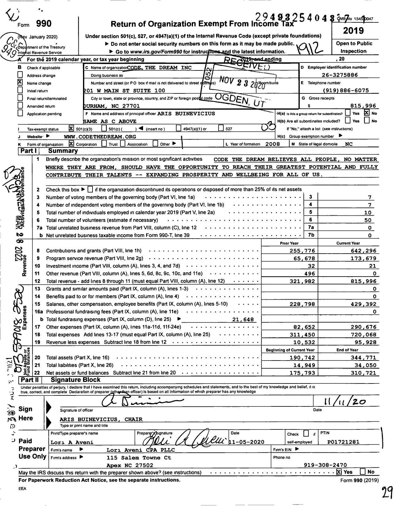 Image of first page of 2019 Form 990 for Code the Dream