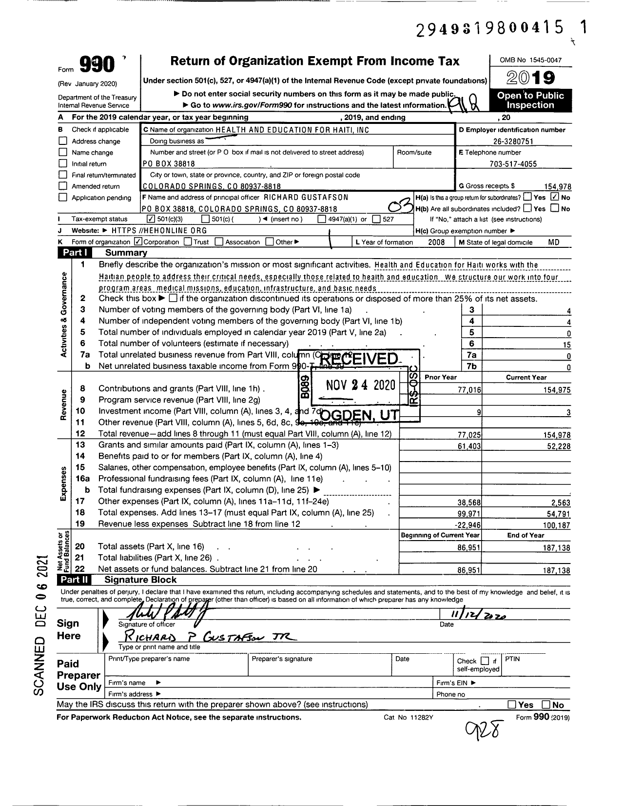 Image of first page of 2019 Form 990 for Health and Education for Haiti