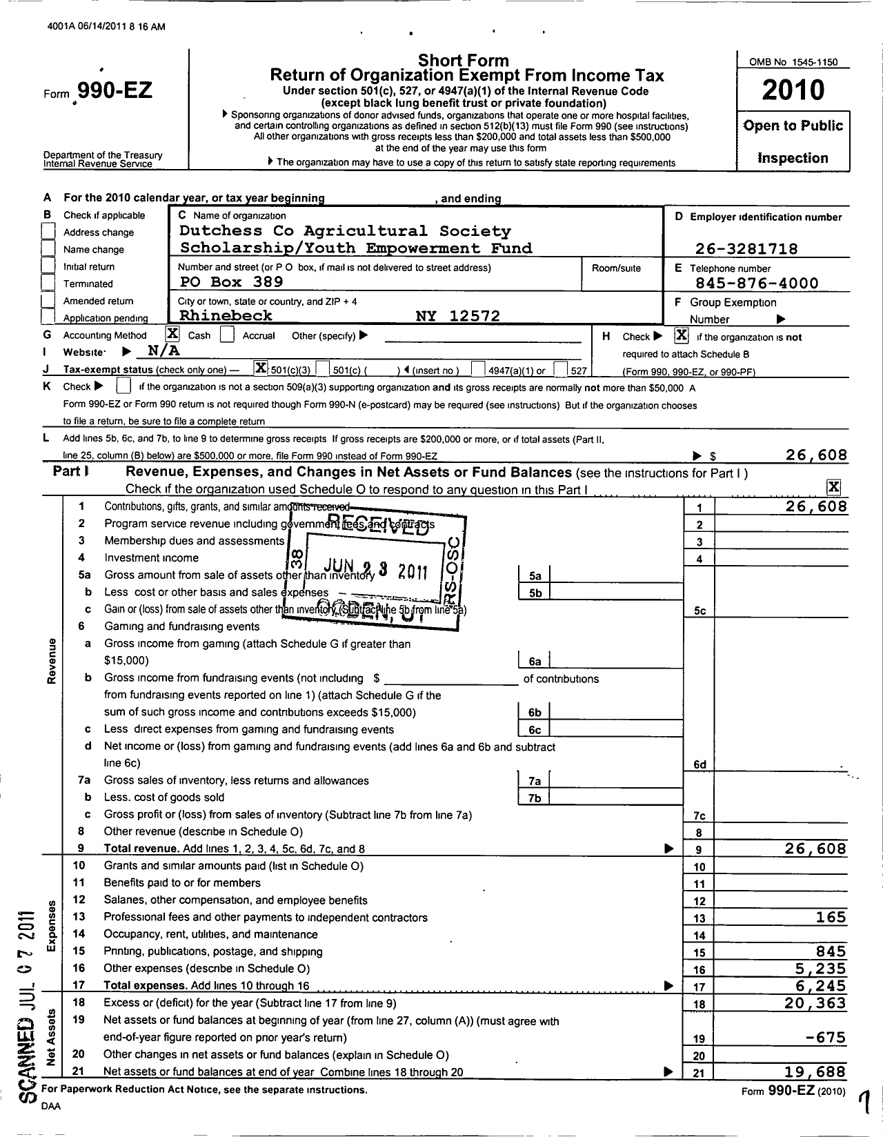 Image of first page of 2010 Form 990EZ for Dutchess County Agricultural Society Scholarship Youth Empowerment Fund