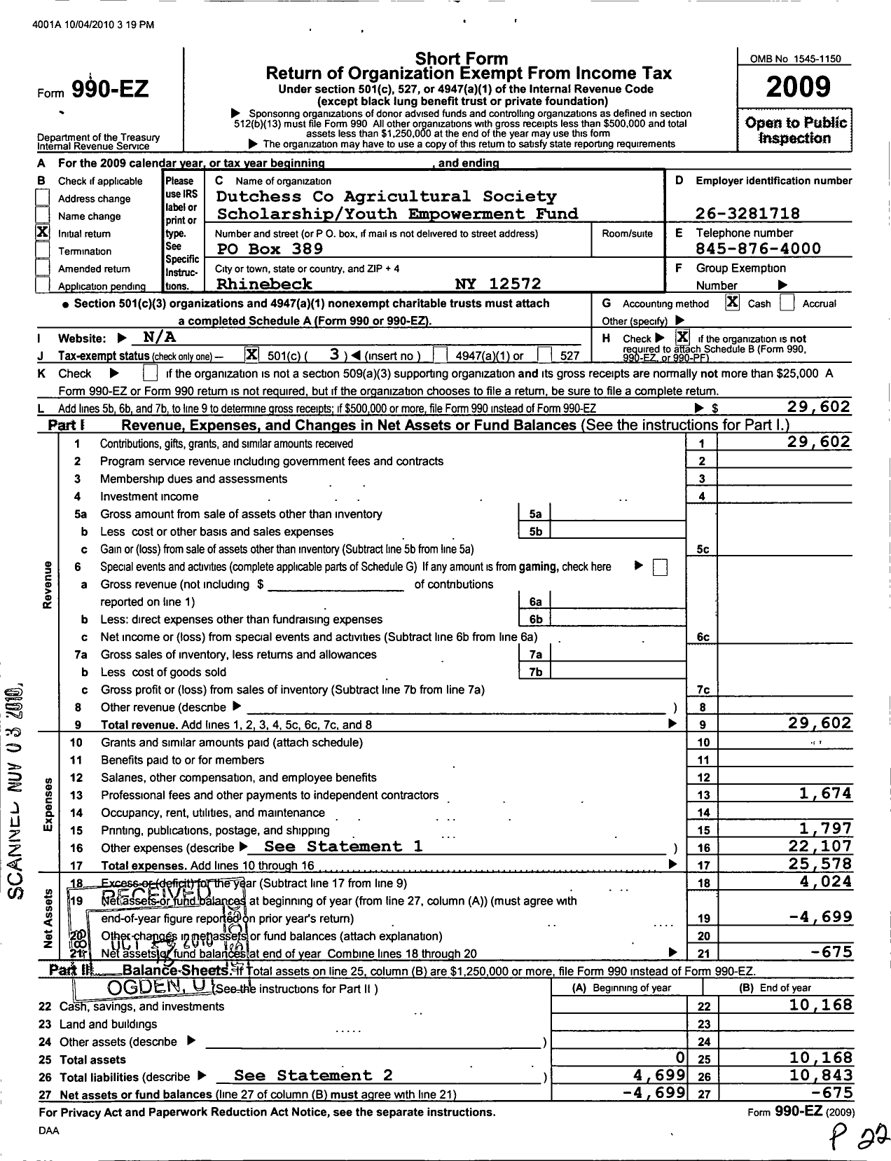 Image of first page of 2009 Form 990EZ for Dutchess County Agricultural Society Scholarship Youth Empowerment Fund