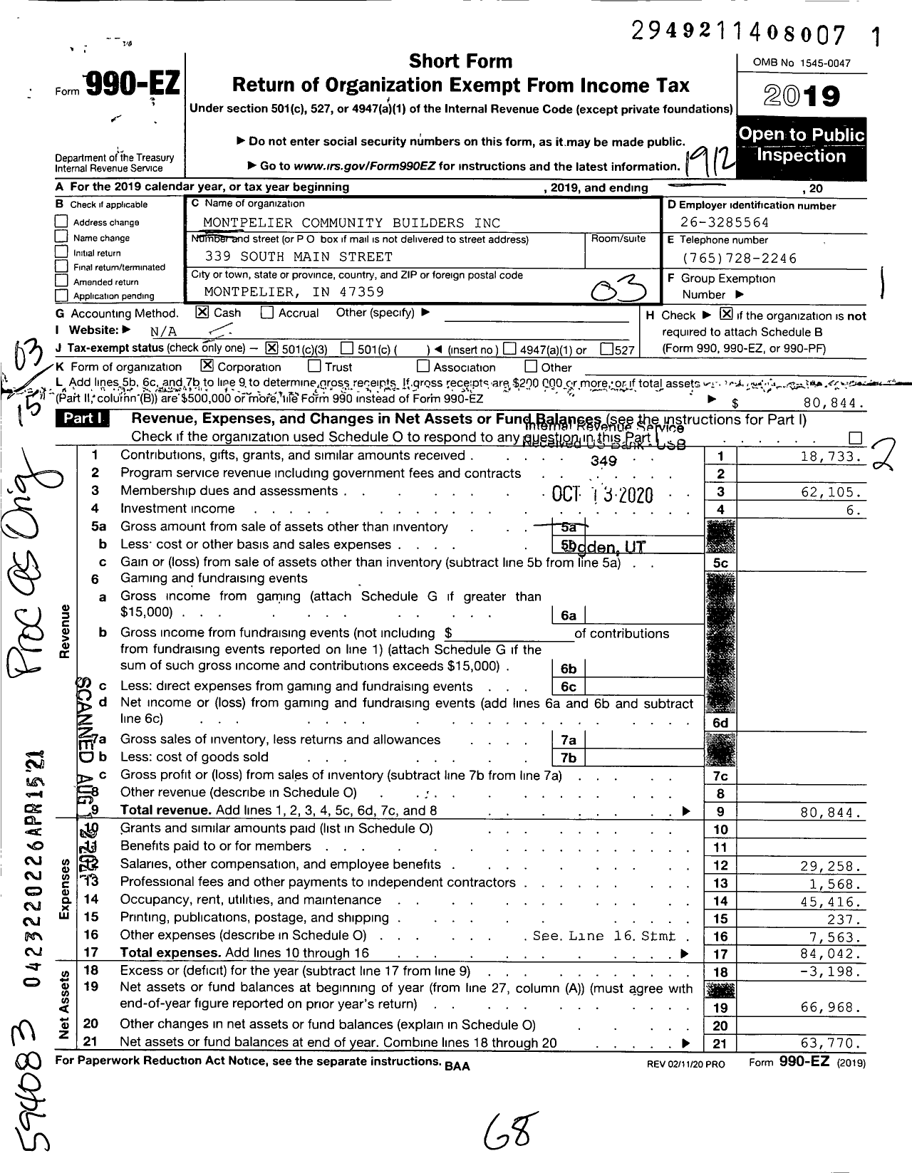 Image of first page of 2019 Form 990EZ for Montpelier Community Builders