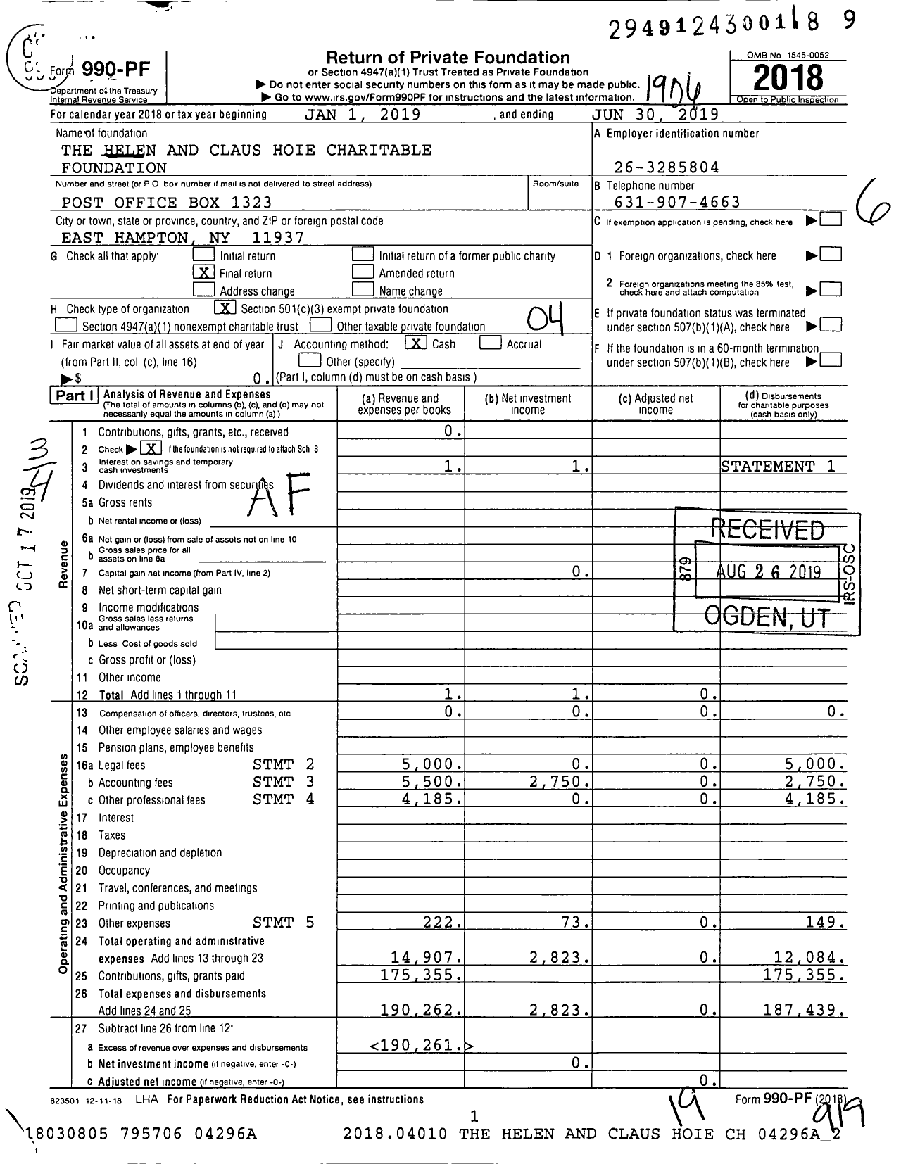 Image of first page of 2018 Form 990PF for The Helen and Claus Hoie Charitable Foundation