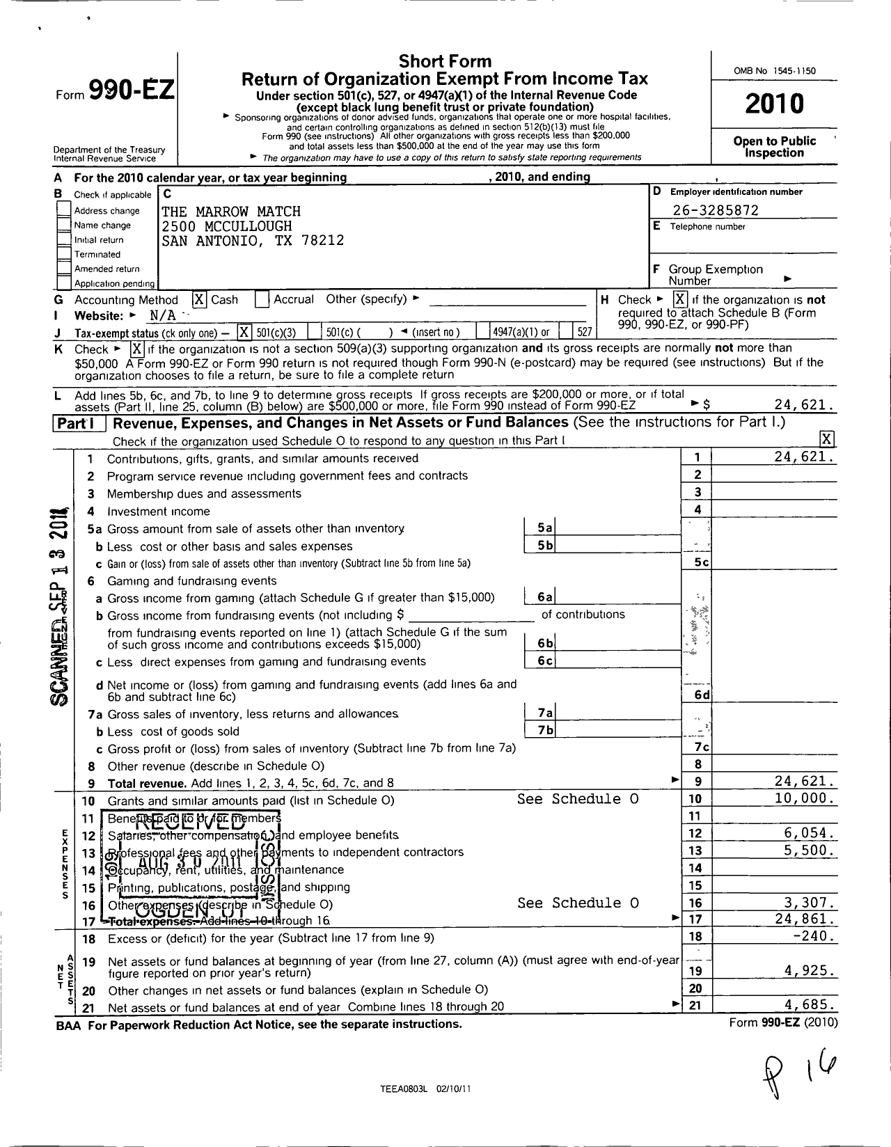 Image of first page of 2010 Form 990EZ for The Marrow Match