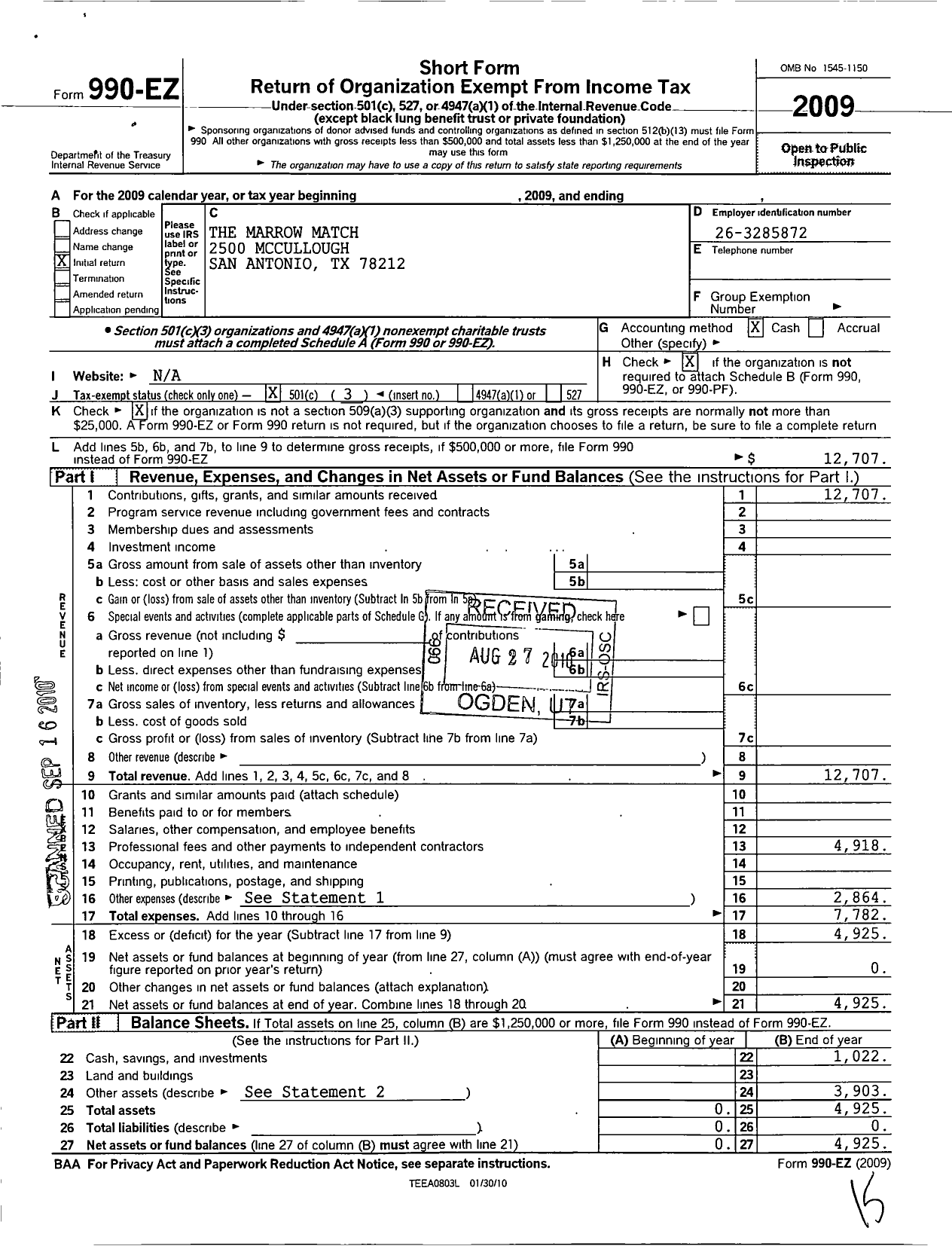 Image of first page of 2009 Form 990EZ for The Marrow Match