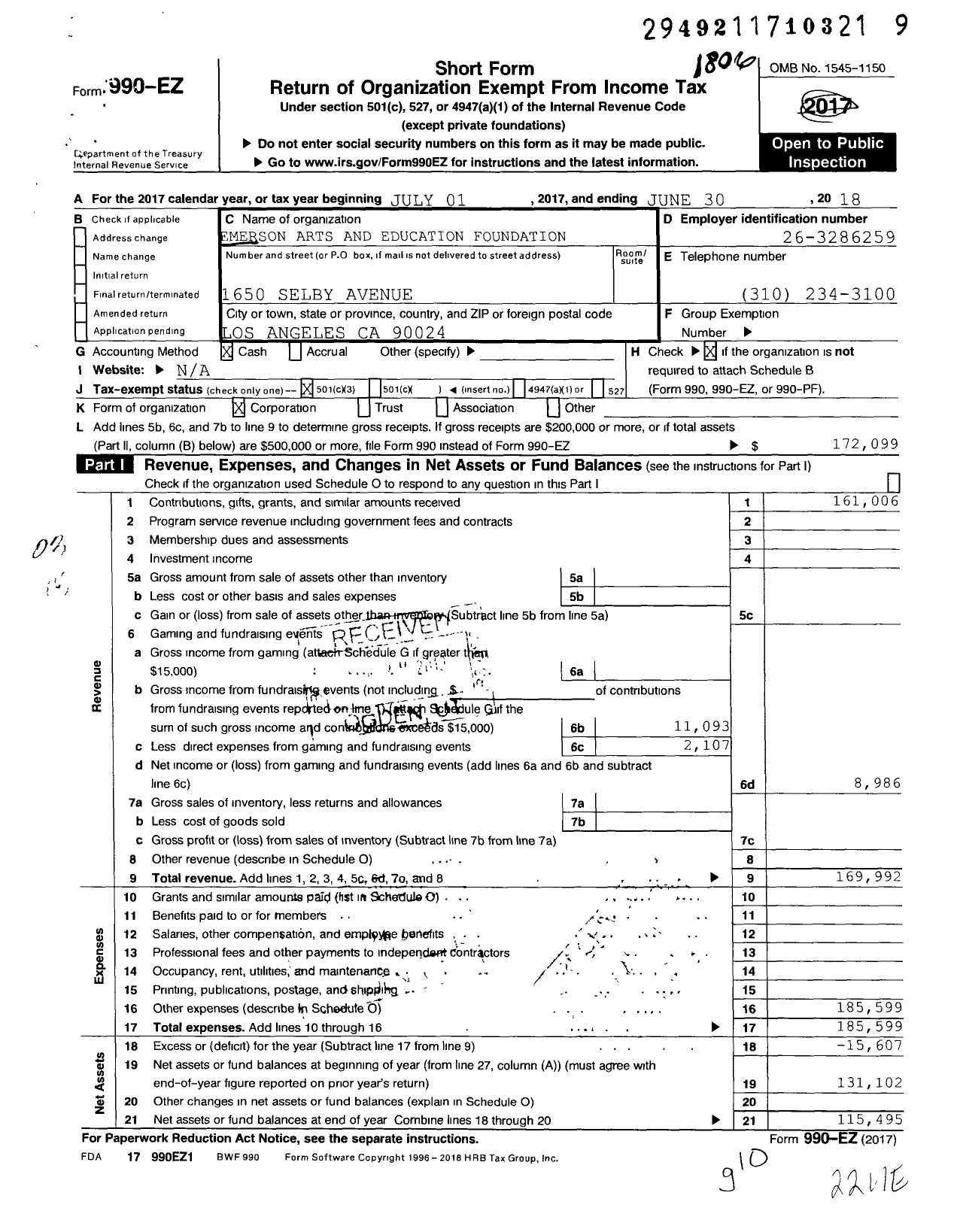 Image of first page of 2017 Form 990EZ for Emerson Arts and Education Foundation Pace