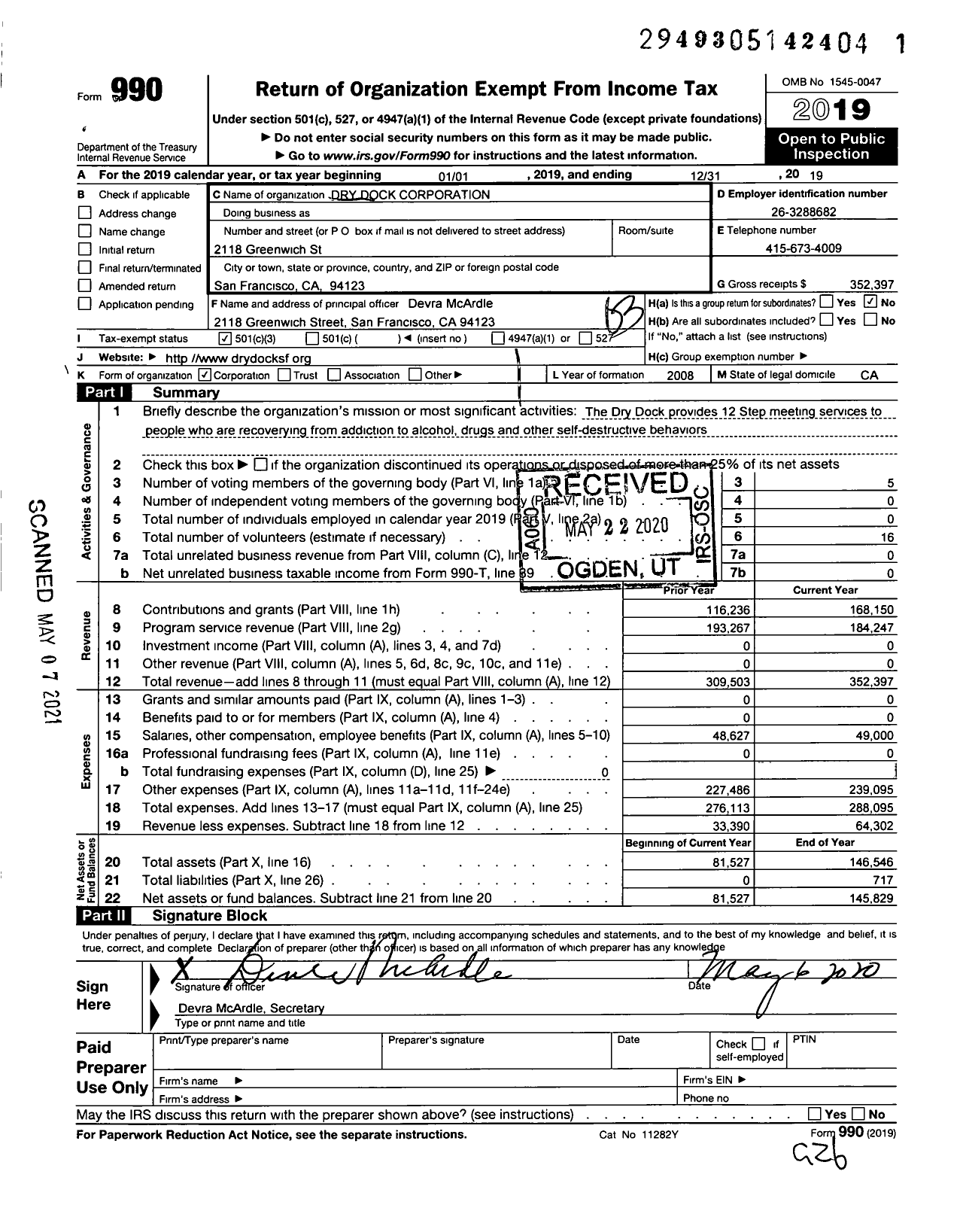 Image of first page of 2019 Form 990 for Dry Dock Corporation