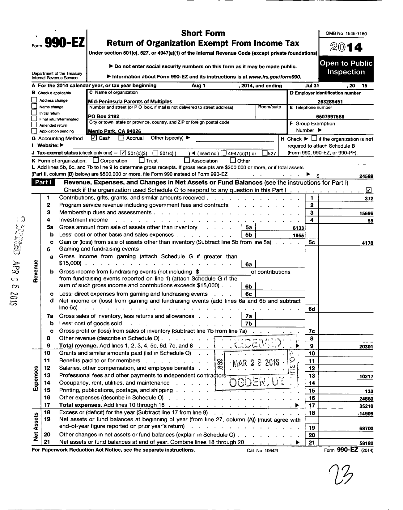 Image of first page of 2014 Form 990EZ for Mid-Peninsula Parents of Multiples