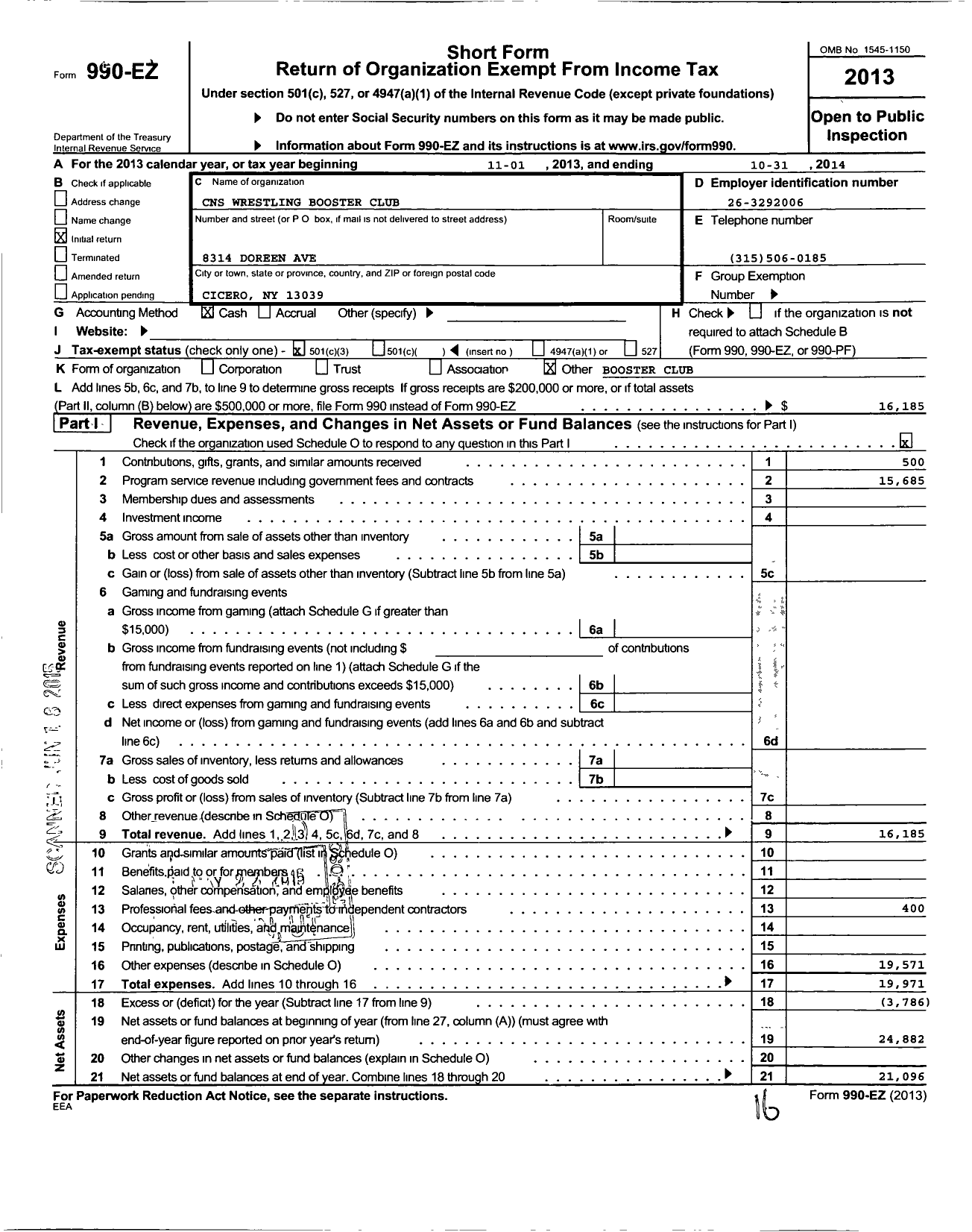 Image of first page of 2013 Form 990EZ for CNS Wrestling Booster Club